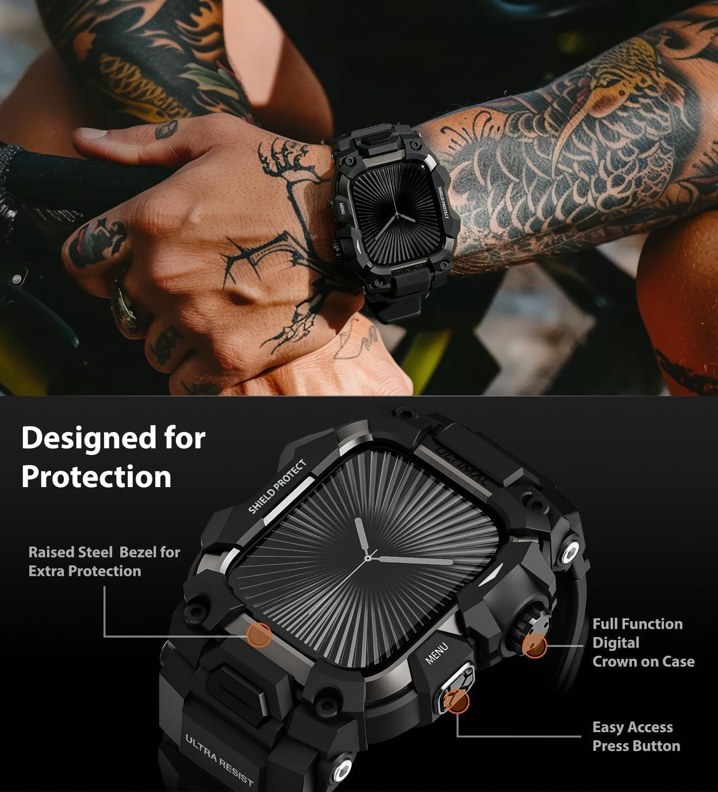 ULTIMAL Custodia Robusta con Cinturino per Apple Watch 46 mm, Compatibile con Apple Watch Serie 11/10, Protezione Antiurto Militare per Cinturino Tattico iWatch Uomini (Nero, 46 mm)