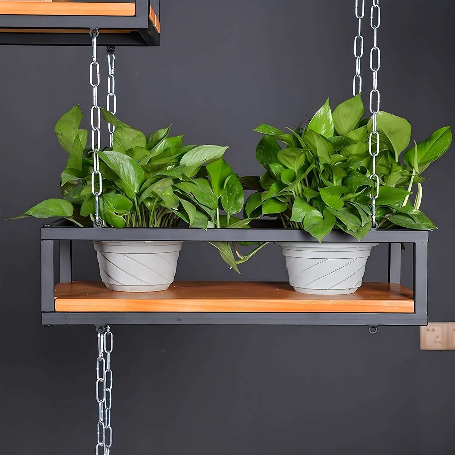 Industrial Hanging Plant Shelf, Retro Ceiling Storage Rack for Wine Glasses & Flower Pots, Decorative Display Shelving with Iron Chain, 60x25x15cm, Perfect for Kitchen & Bar