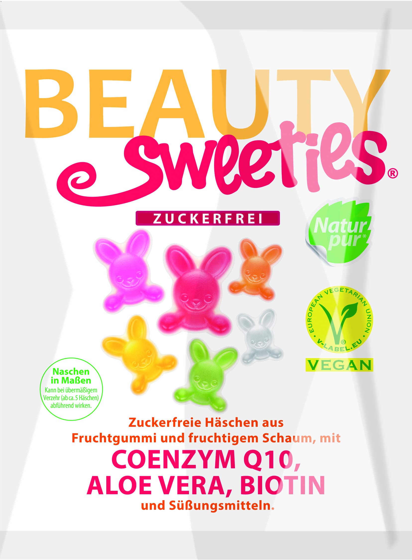 BeautySweeties Zuckerfreie Häschen 125 g | Fruchtig-süße, zuckerfreie & vegane Fruchtgummi-Häschen | Mit Coenzym Q1, Aloe Vera und Biotin | 1 x 125 g Beutel