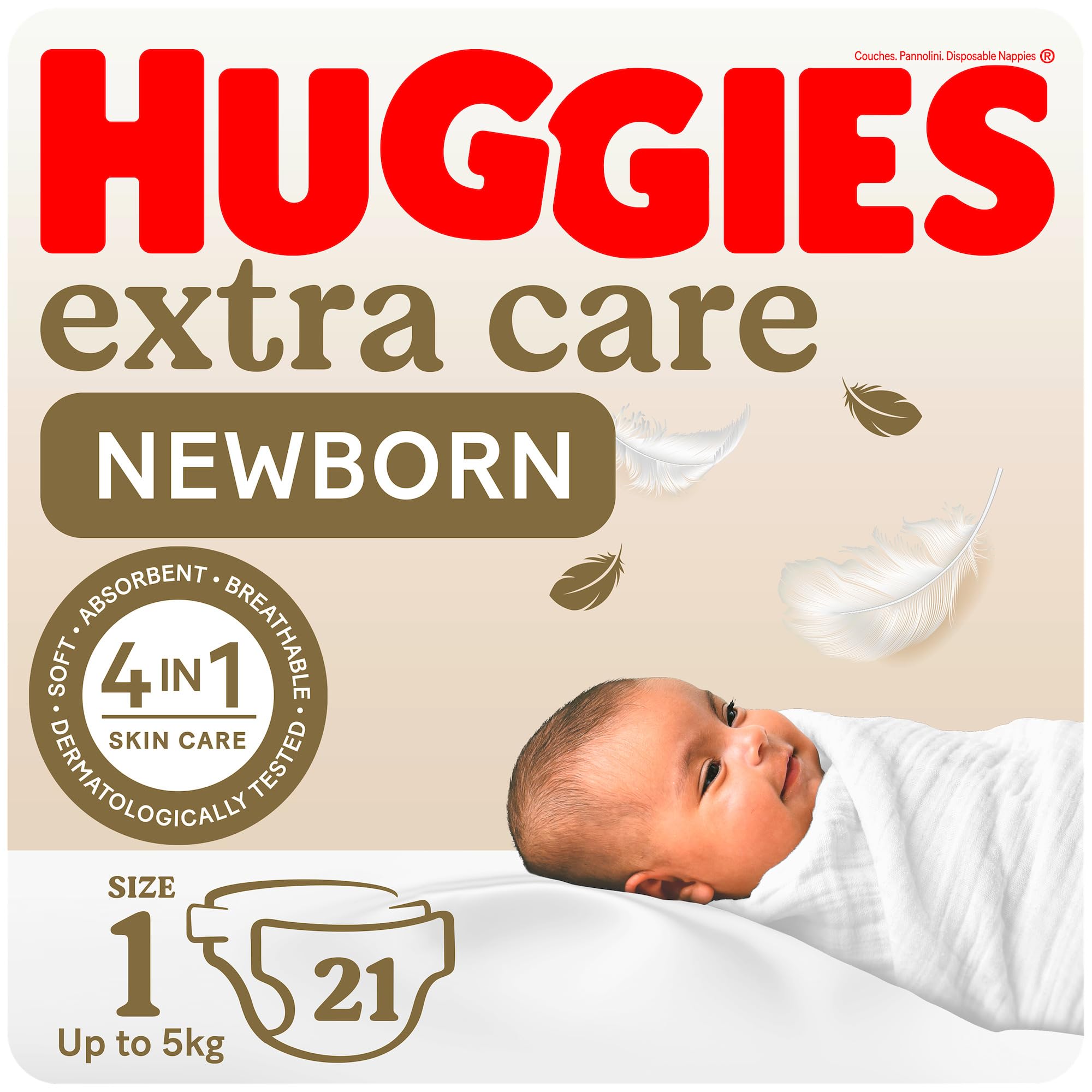 Huggies Extra Care Newborn, Size 1, Up to 5 kg, Carry Pack, 21 Diapers - Package May Vary
