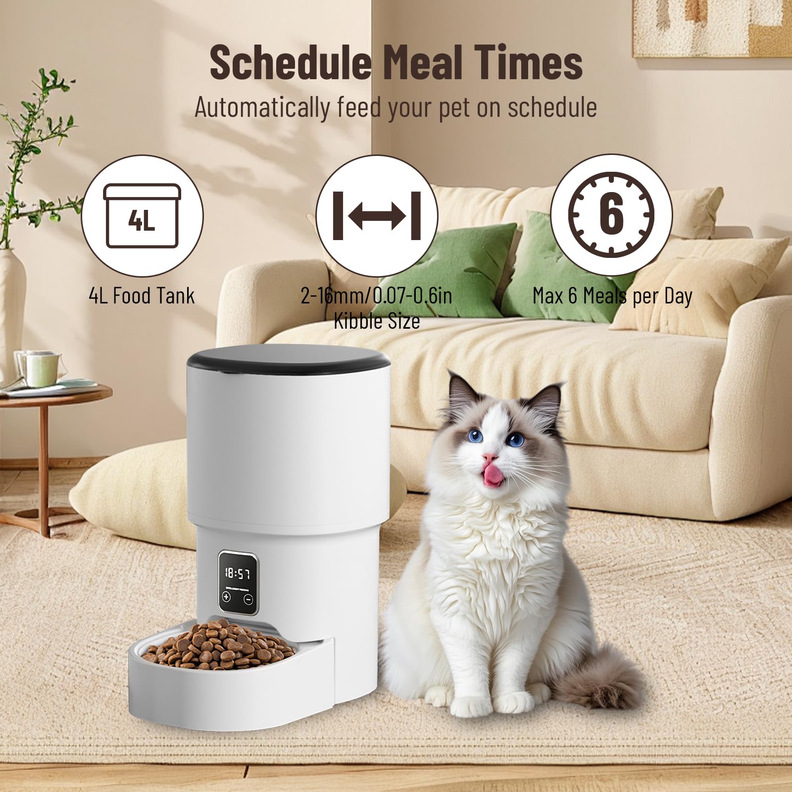 Distributeur Croquettes Chat Automatique,4L Distributeur Croquettes Chat avec Minuterie Programmable pour Chats et Petits Chiens, 1-6 Repas par Jour