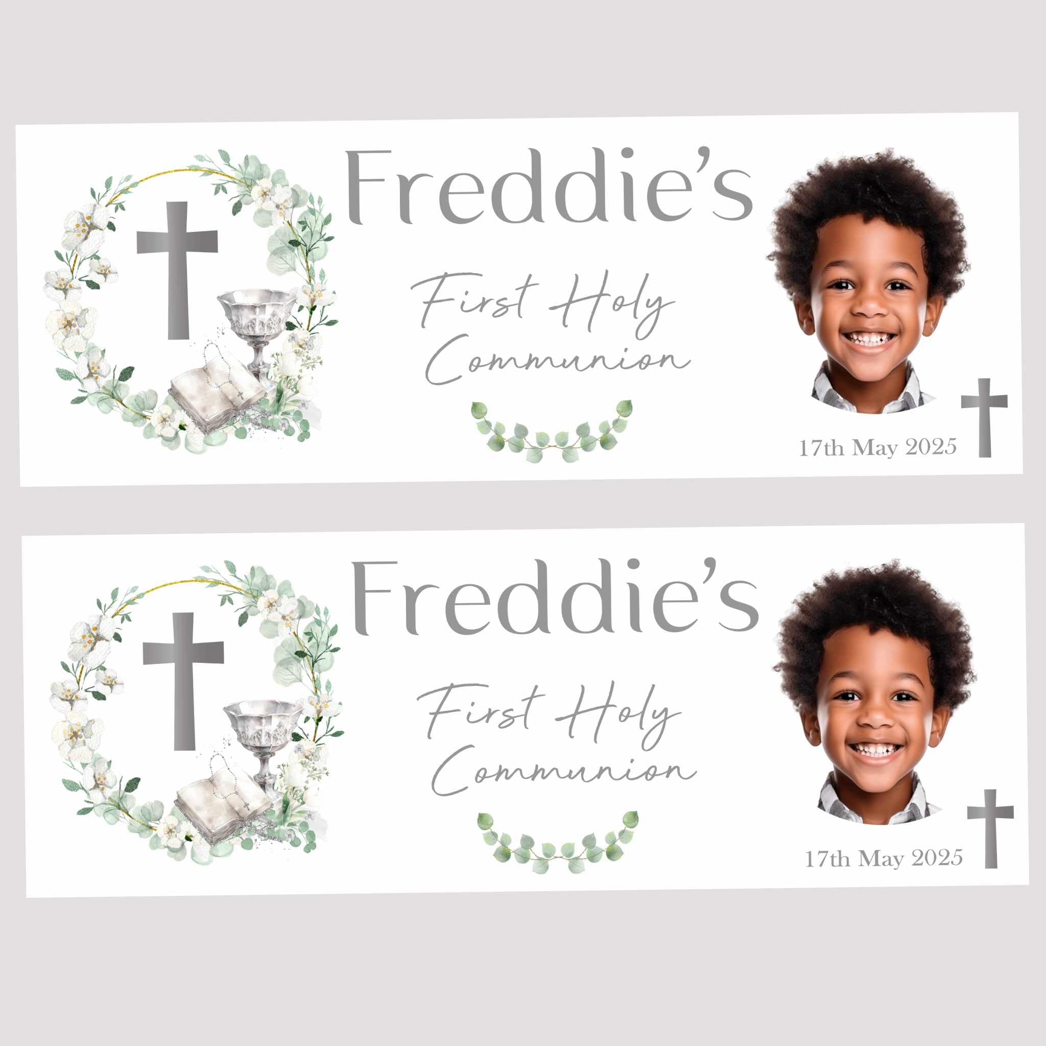 1st Holy Communion Banner, Personalised First holy communion decorations, Silver Chalice design, Christening Decor, Confirmation decor