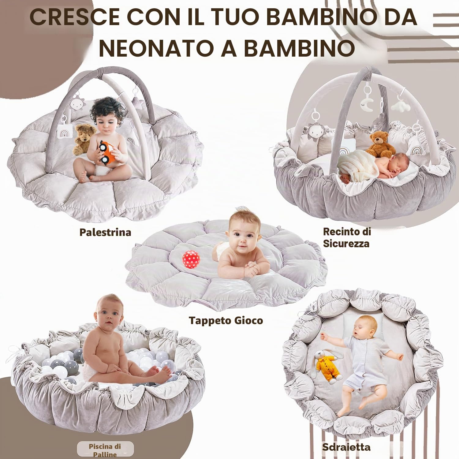 Palestrina Neonato Multiattivita, 5 in 1 per bebè con 5 Giocattoli,Palestrina Evolutiva Neonato con attività, tappeto gioco e vasca palline con lati, Palestrina Bambini,Antiscivolo Addensato