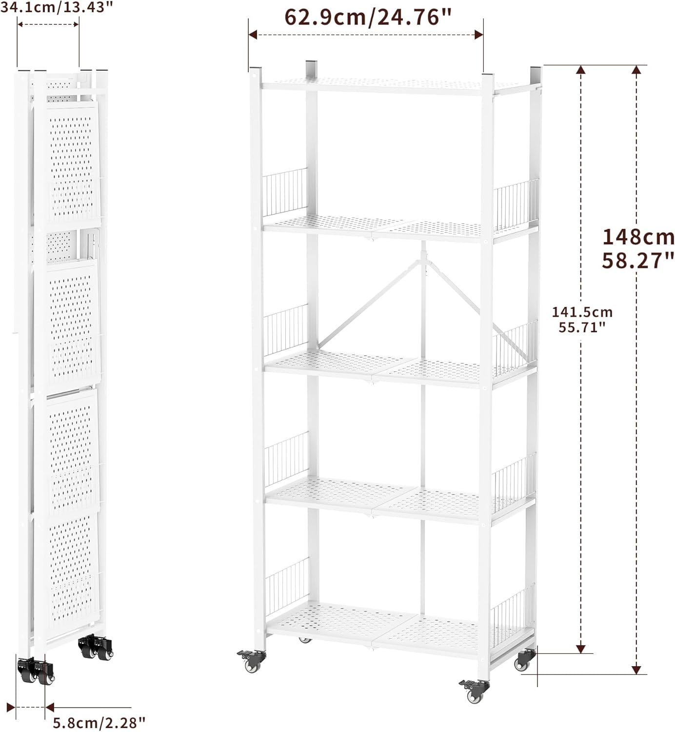 5-Tier Folding Shelves with Wheels, 1100LBS Heavy Duty Metal Foldable Shelving Unit, No Assembly Collapsible Storage Rack Organizer for Garage, Kitchen, Pantry, Basement, Gym - White - Image 2