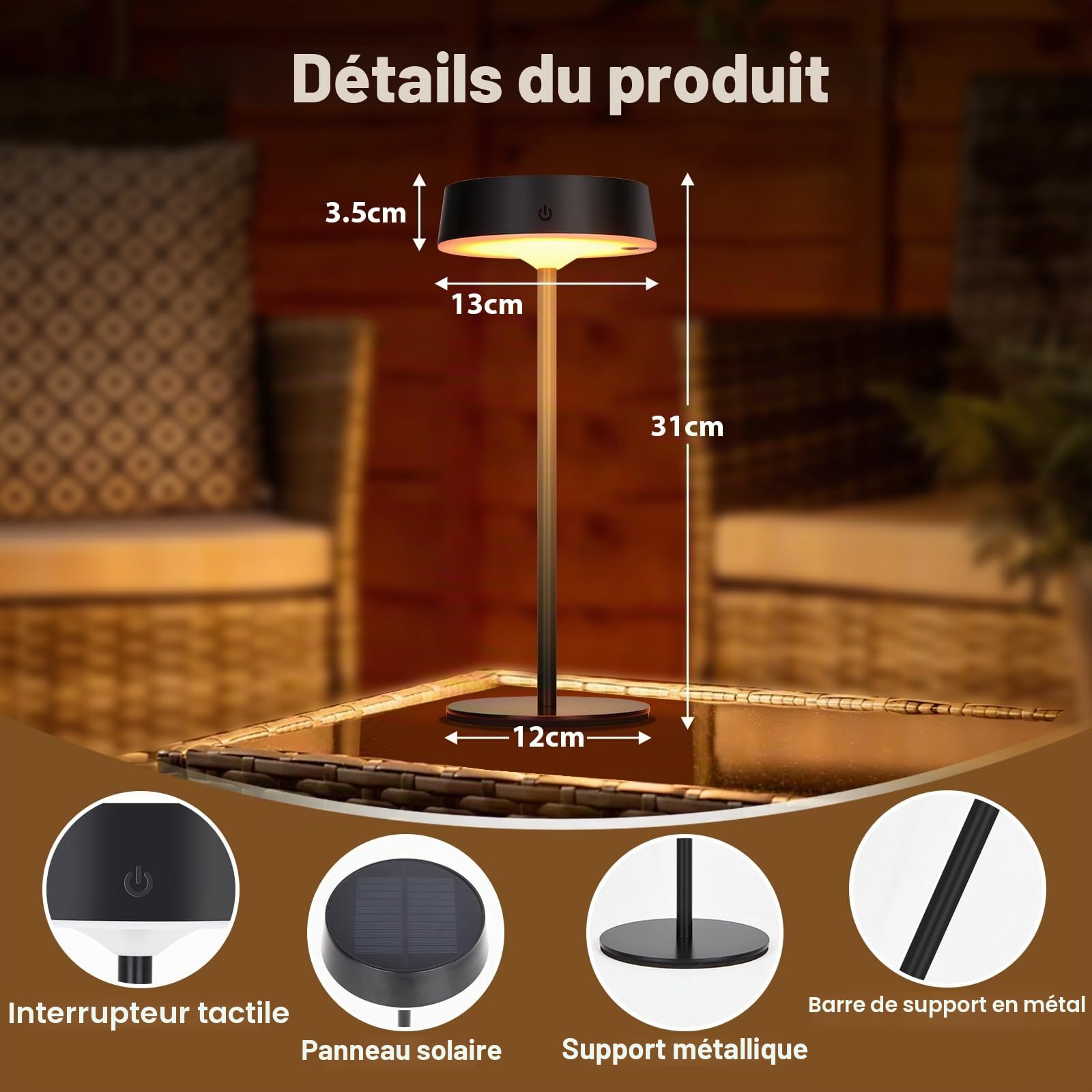 Lampe de Table LED Sans Fil & Solaire d'Extérieur avec Interrupteur Tactile, Rechargeable par USB, 3 Températures de Couleur, Intensité Variable en Continu pour Intérieur & Extérieur (Noir*Lot de 2)