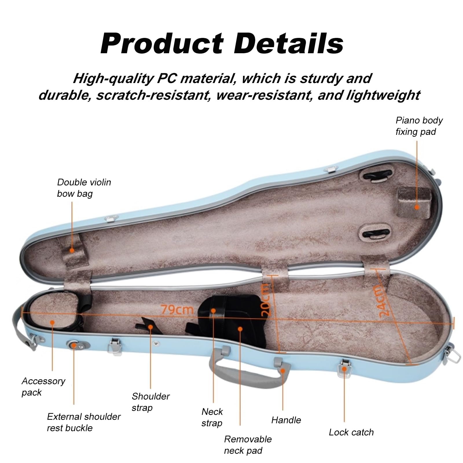 Estuche de policarbonato para violín para instrumentos de tamaño 3/4 y 4/4, carcasa rígida protectora ligera con interior suave y correas de transporte, K
