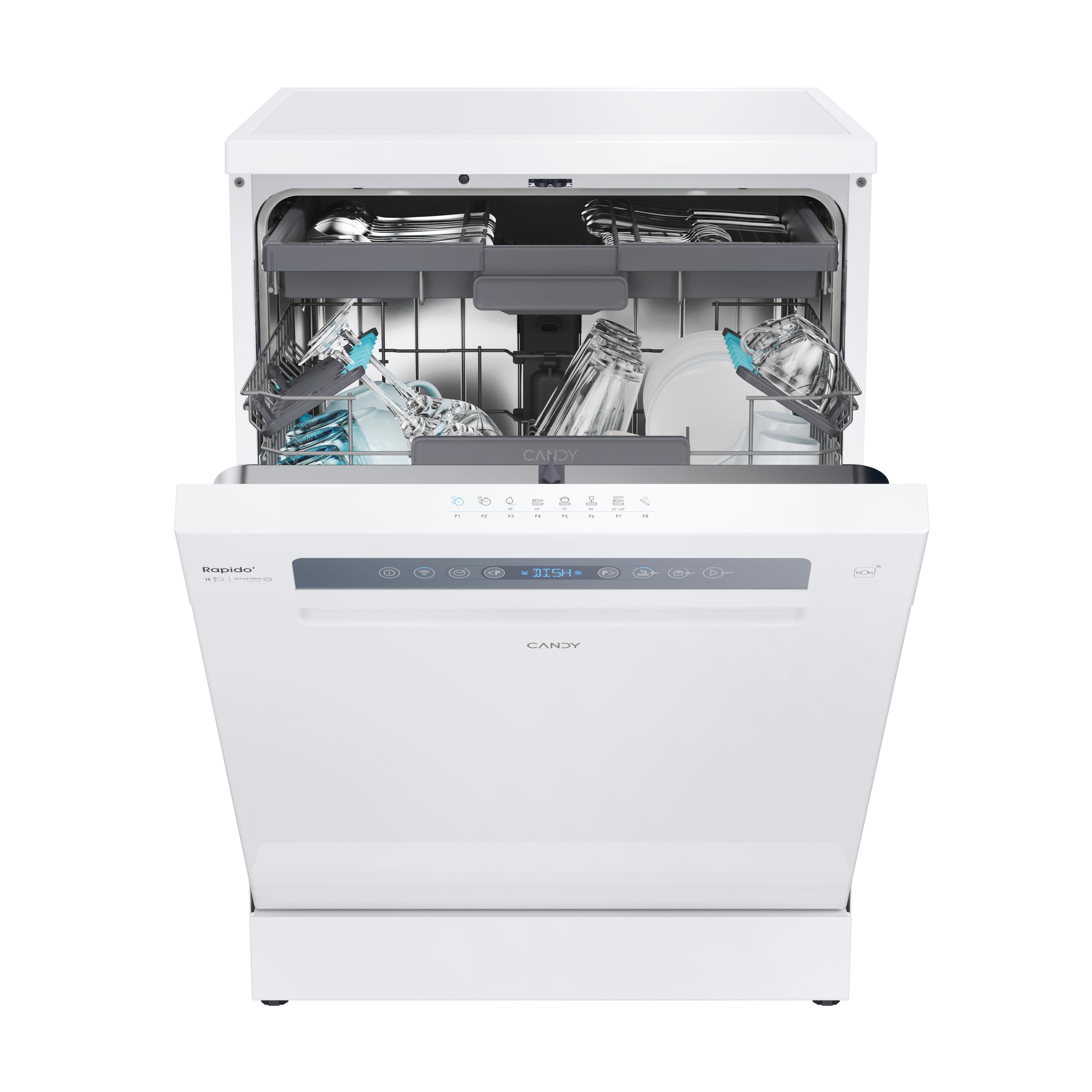 Candy Rapidò CF 5C7F1W, Lavastoviglie 60 CM, 15 Servizi, Digitale, WIFI, 8 Programmi, Motore Inverter, Inizio Differito 1-23H, Indicatore Sale e Lucidante, Terzo Vassoio, 47DB, Bianco