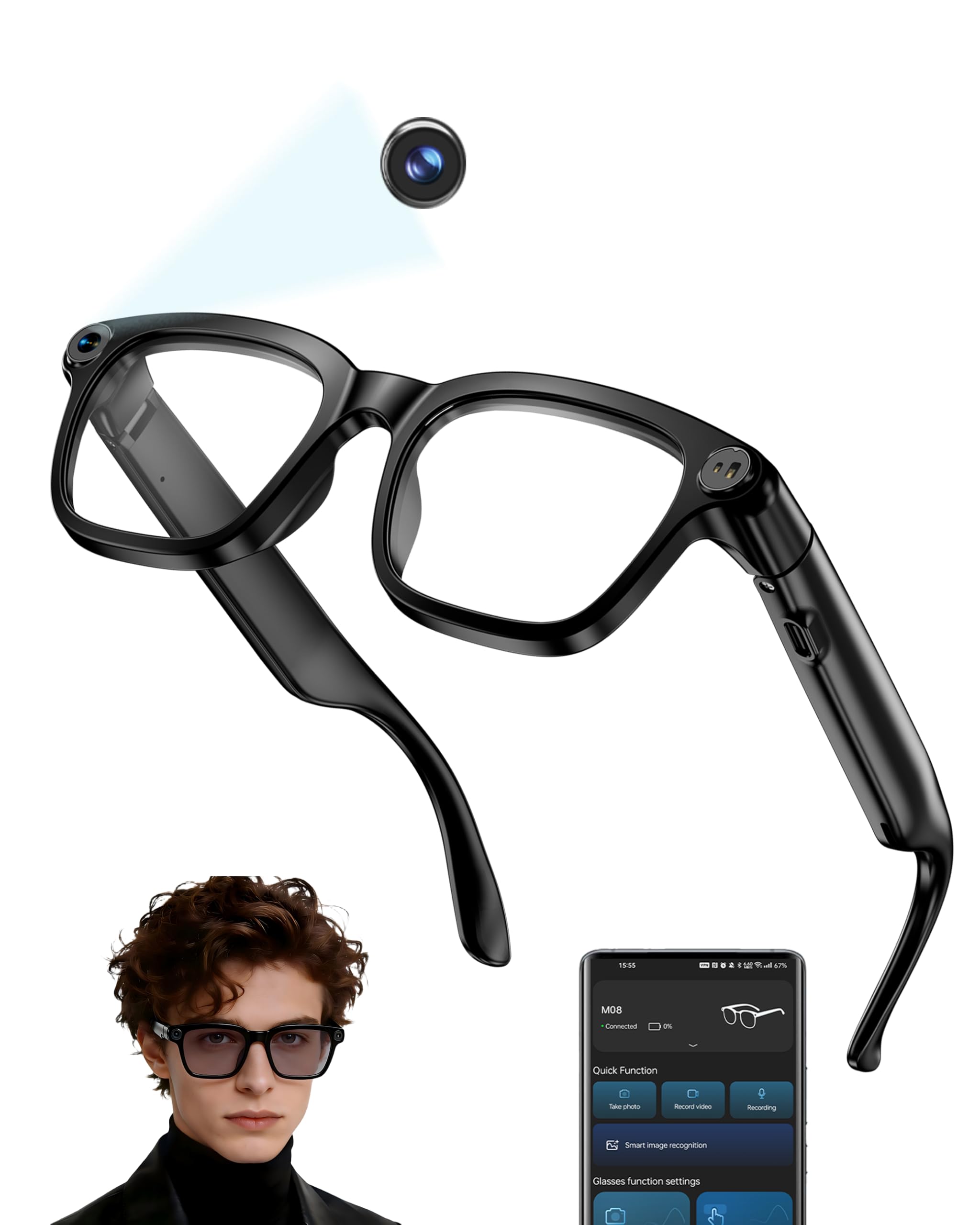 MNVOEQ AI Smart Glasses with Camera 4K, Video Recording.Bluetooth for Men & Women -Hands-Free Recording Glasses with Audio, Al-Powered Wearable Tech