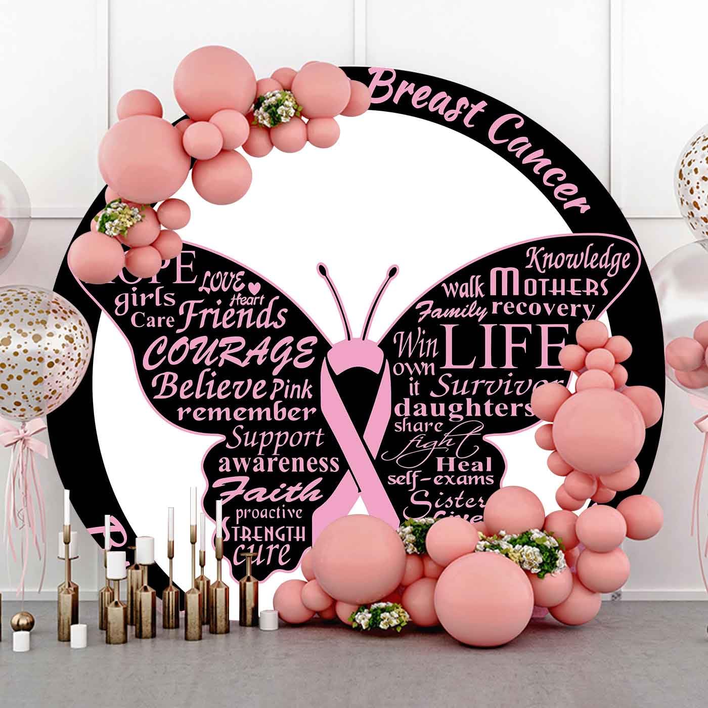 PHMOJEN Breast Cancer Awareness Round Backdrop Cover, 7.2x7.2ft Polyester Pink Ribbon Breast Cancer Month Circle Backdrop, Chic Circular Find The Cure
