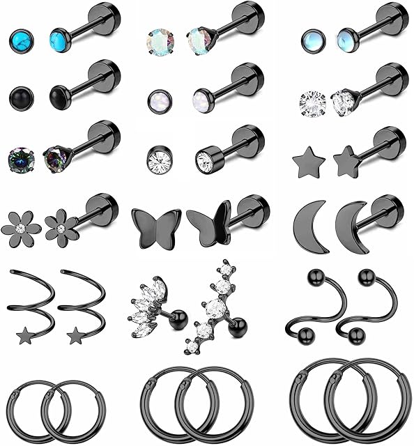 FIOROYAL 18Pairs Surgical Steel Flat Back Earrings Hoop Earrings Helix Cartilage Earrings Set Hypoallergenic Moonstone Star Stud Earrings Helix Piercing Jewellery