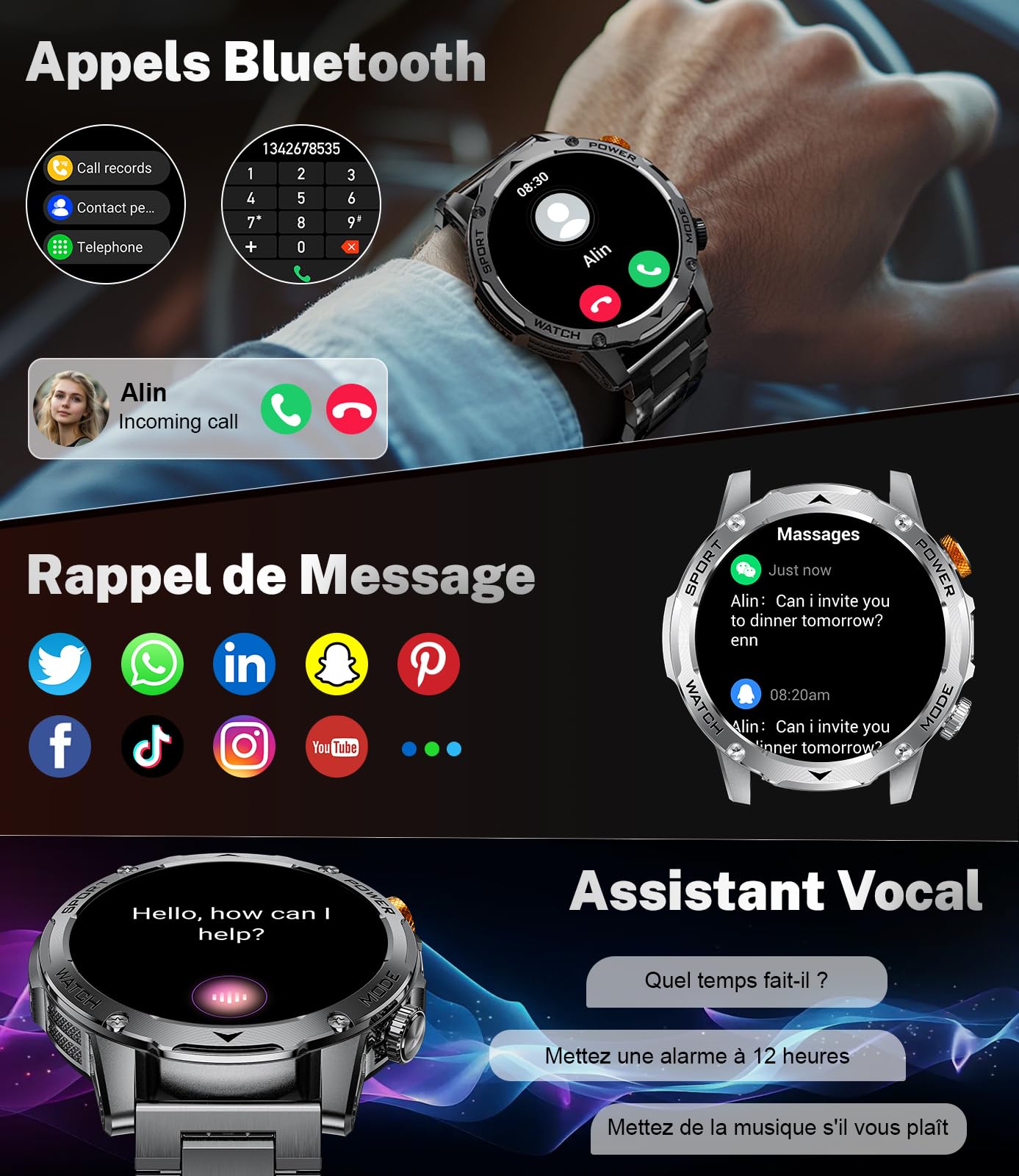 Reloj Inteligente Hombre,1000mAh,3 Correas,1.75" HD Smartwatch Hombre Militar con Llamadas LED Linterna 5ATM Impermeable 120+ Modos Deportivos Podómetro Pulsera Actividad Android iOS Negro
