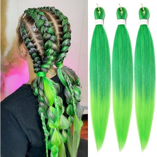 Ombre Green Pre stretched Braiding Hair, 3 Packs Kanekalon Box Braids Hair Extensions, 26 Inches Yaki Texture Braiding Hair Pre stretched