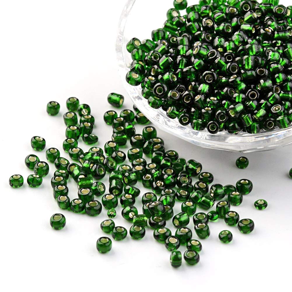 Pandahall 6/0 Silver Lined Glass Seed Beads 4mm Glass Loose Beads Spacers About 4500pcs/pound for Jewelry Making(Green)