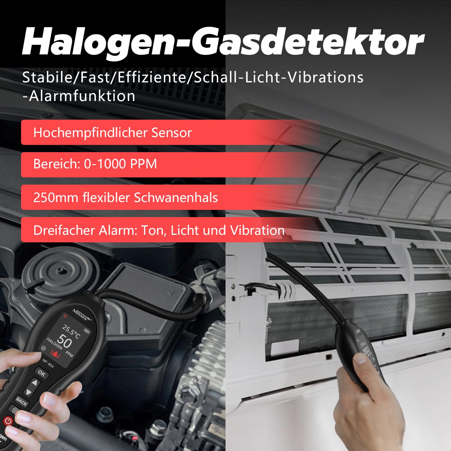Halogendetektor Halogen Gas Detektor Klimaanlage Kältemittel Leck Detektor, 0-1000ppm Halogen Freon Leck Detektor HVAC CFCs HCFCs HFCS R12 R22 R134a R410a mit 25cm Sonde für Gaslecks