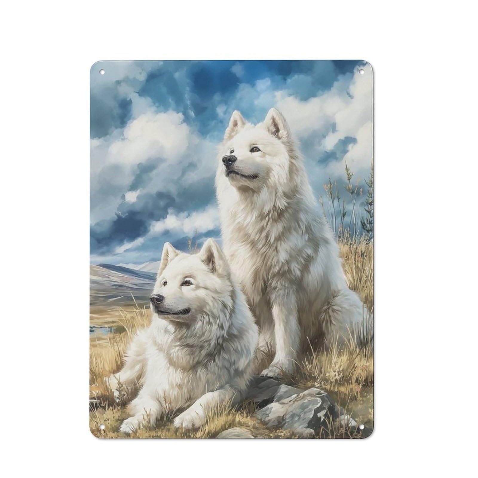 Junmoney Style-11 Two Samoyed Dogs In A Field Metal Wall Art Sign 40X30cm, Vintage Vintage Wall Decor For Lounge, Study, Pub Or Wall Gallery