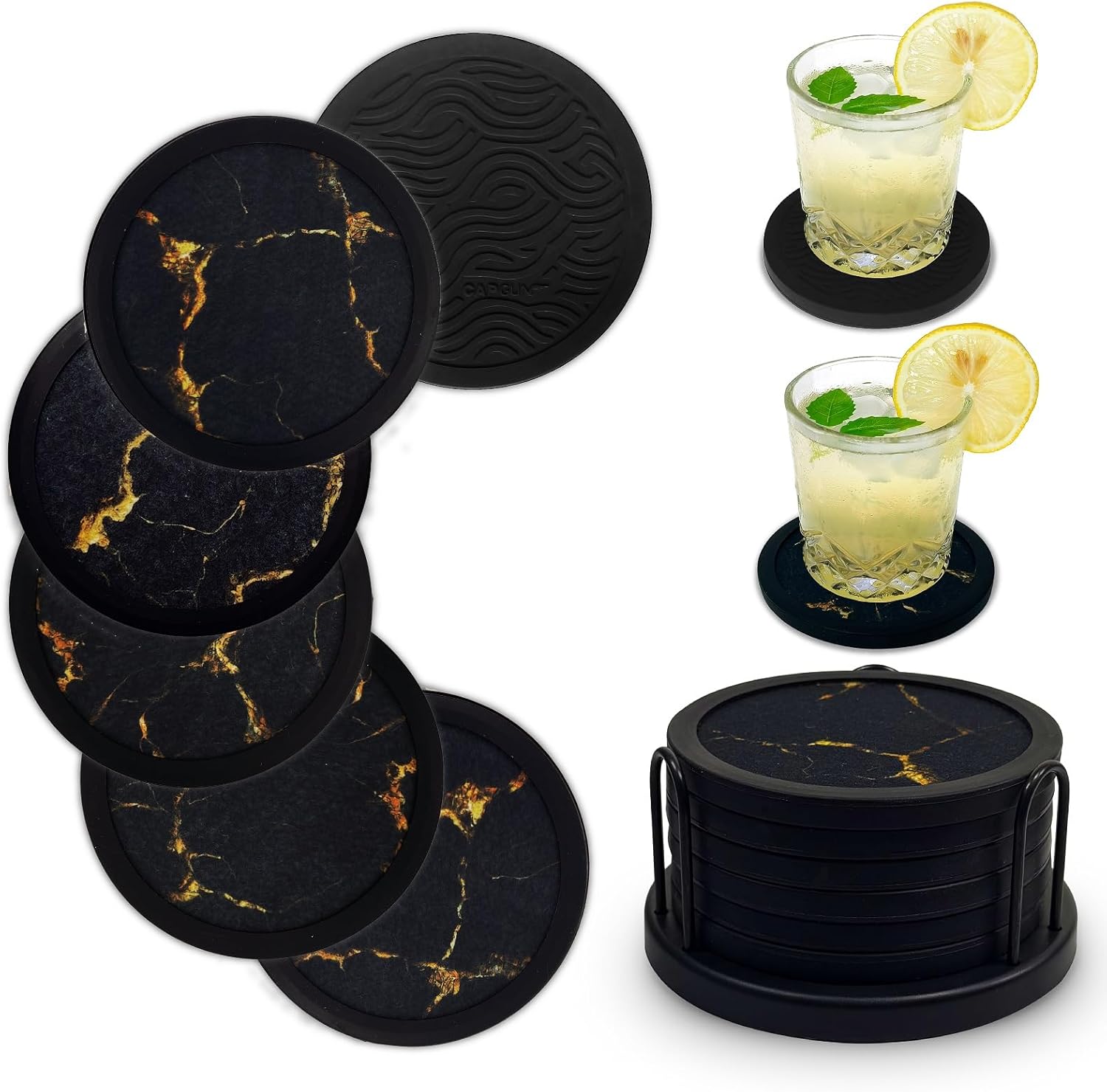 Set of 6 Non-Slip Silicone Coasters with Holder, Double-Sided Absorbent for Hot/Cold Drinks, Scratch & Water Ring Protection for Wood Tables, Home Office Bar, Black Gold Marble (Black Gold Pattern)