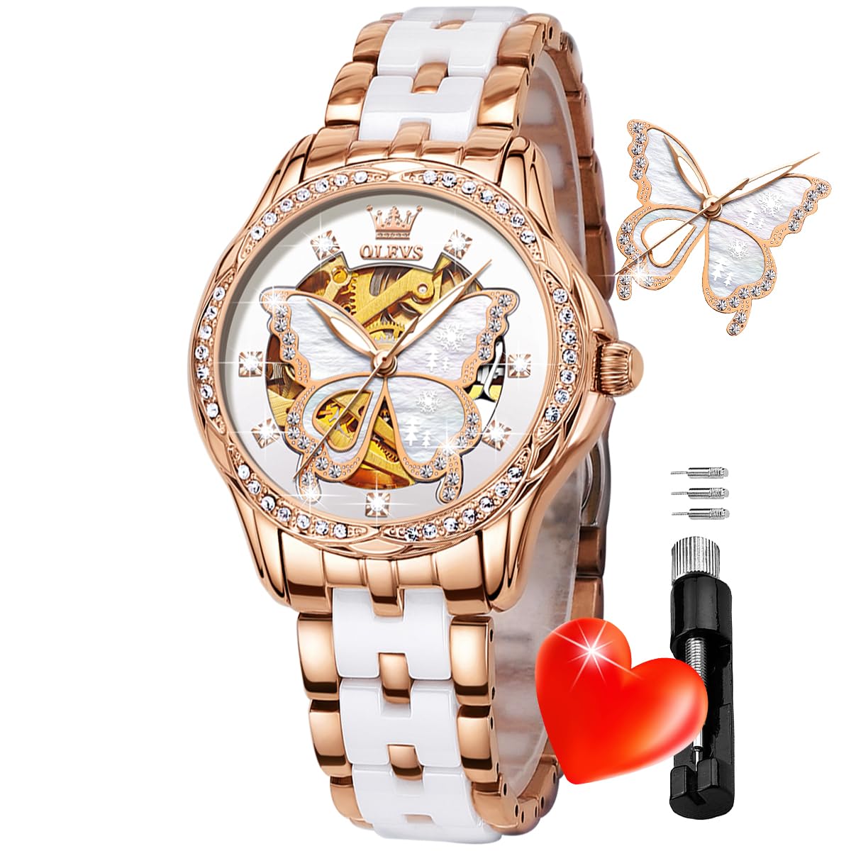 Automatic Watch for Women Luxury Diamond Rose Gold Ladies Self Winding Mechanical Ceramic Wrist Watch Love Heart Date