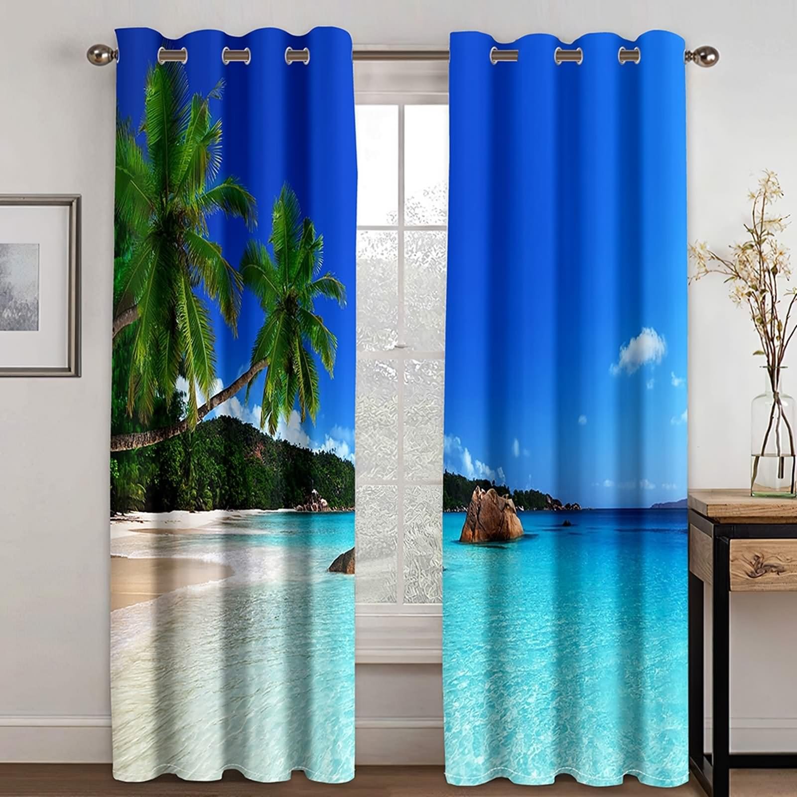 Zasłona okienna na poddaszu, zasłony do salonu niebieski zielony drzewo palmowe i plaża morska poliester 2 panele 264x244cm