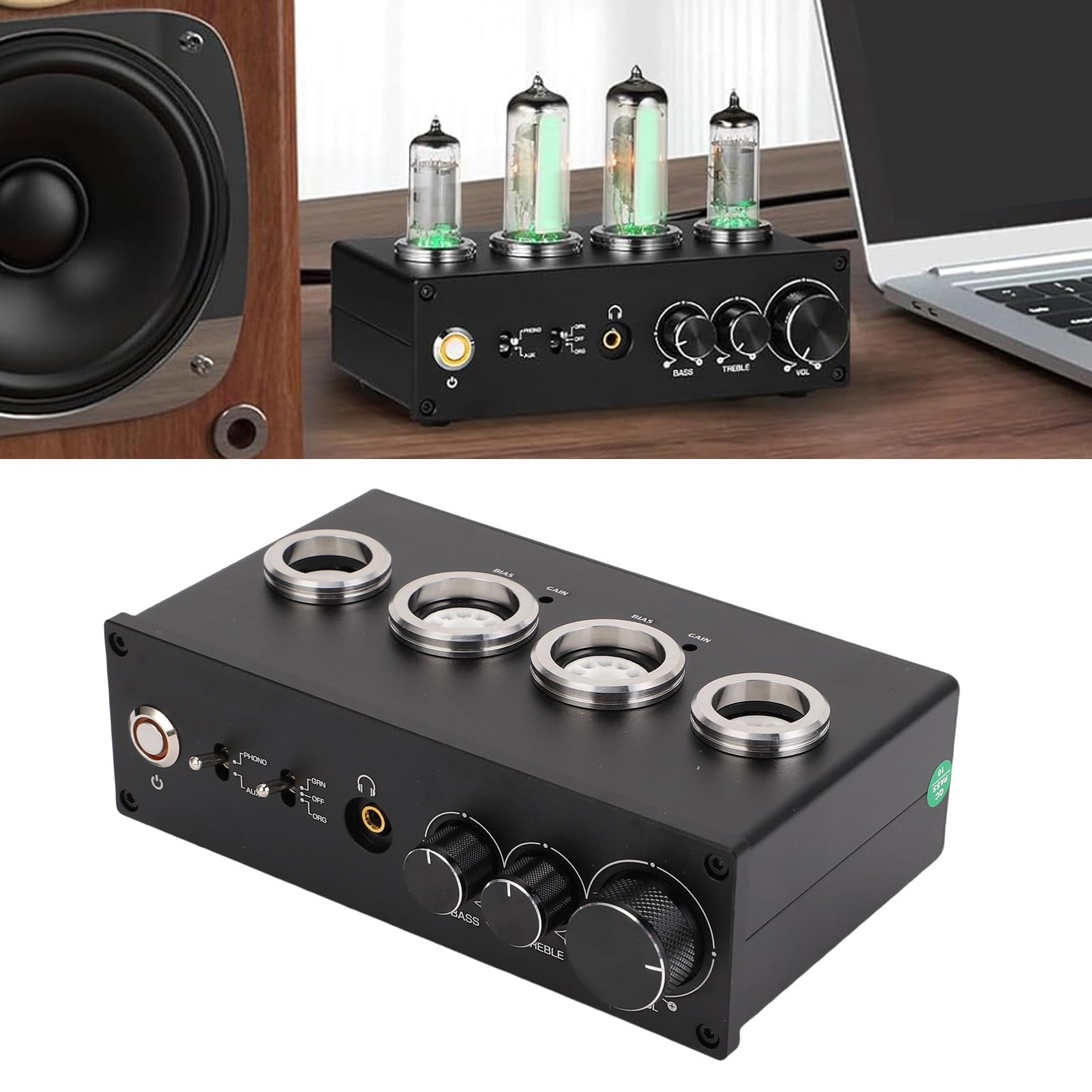 AUNMAS Preamplificatore Fono Valvolare Elettronico, Preamplificatore Audio Stereo HiFi con Jack per Cuffie da 3,5 MM e Controllo dei Bassi Acuti, per Giradischi MM MC (Spina UE 100-240 V)