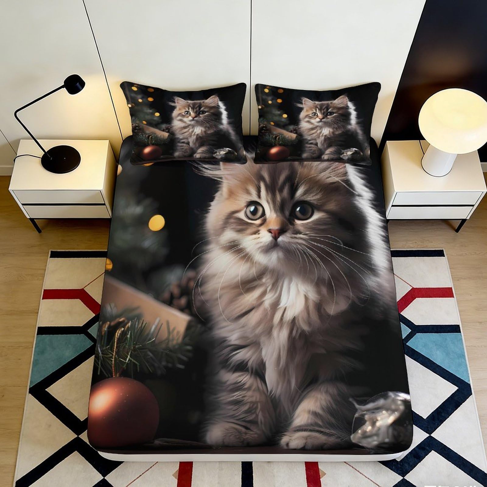 3D Printed Fluffy Kitten Fitted Sheet Microfiber Soft Non-slip Forest Cat Bed Cover for Bedroom Dorm Mattress Decor 120x200x25cm