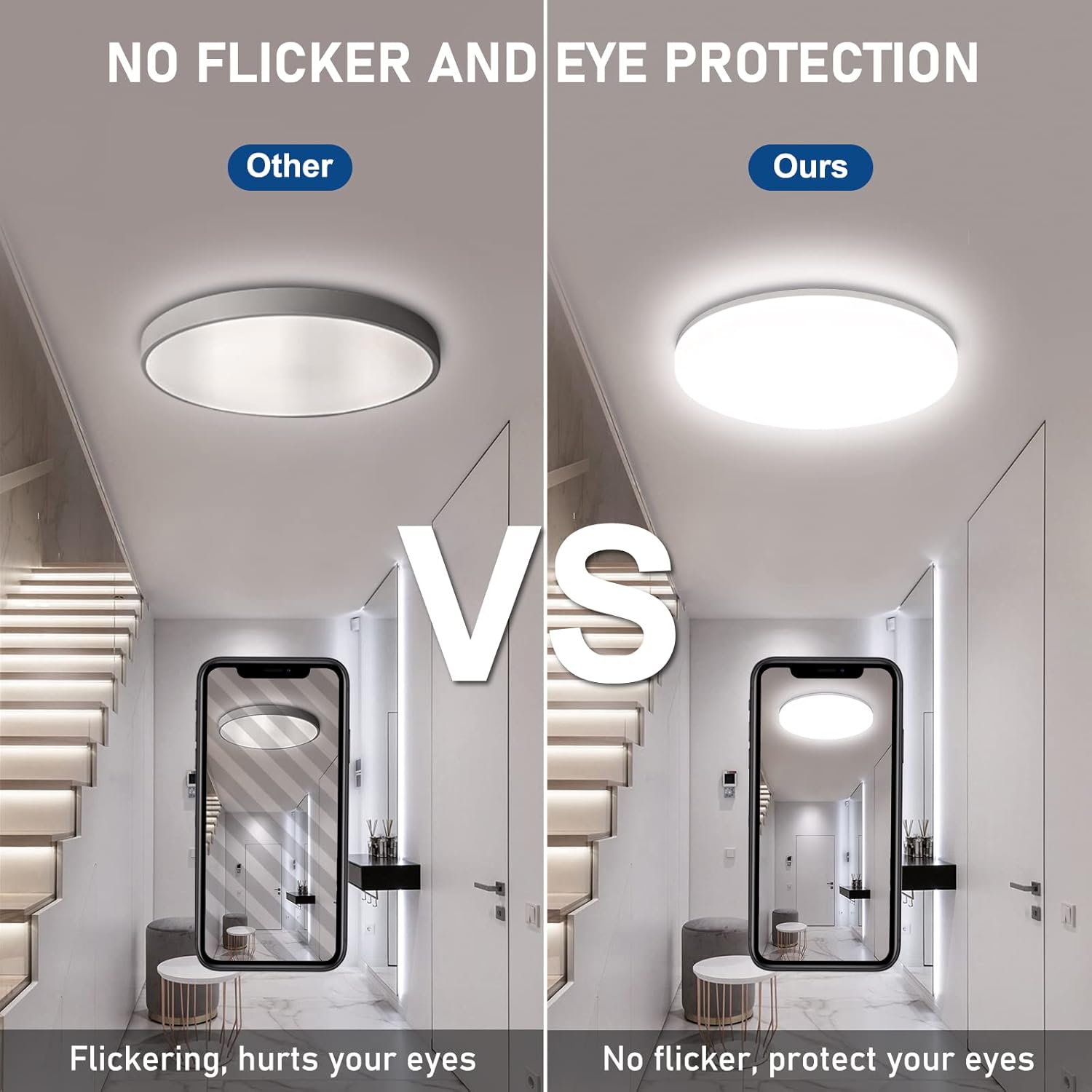 Comparison of flickering vs. non-flickering LED lights