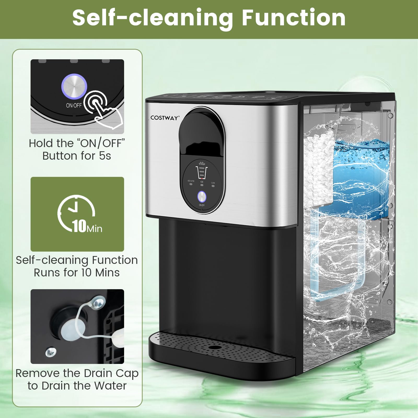 COSTWAY Self Dispensing Nugget Ice Maker Countertop, 56 Lbs/24h Soft Chewable Ice, Pebble Ice Maker With Self-Cleaning, One-Button Operation, Portable Stainless Steel Ice Maker For Home Office Party on Fridge.com - View 5