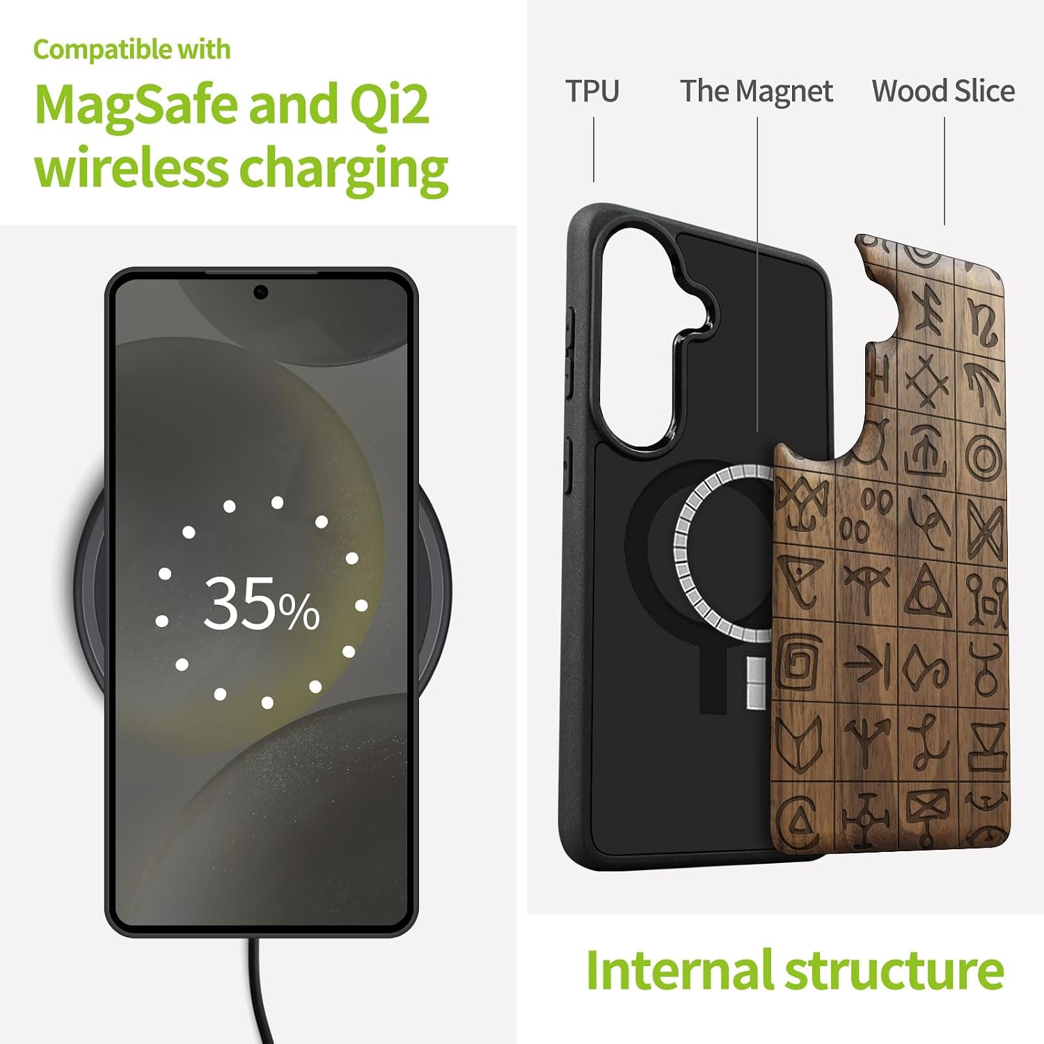 Carveit Magnetic Wooden Case for Galaxy S26+ Samsung S26 Plus Case, TPU Shockproof Cover & Wood Engraved, Compatible with MagSafe Wireless Chargers (Mystical Runes) Walnut