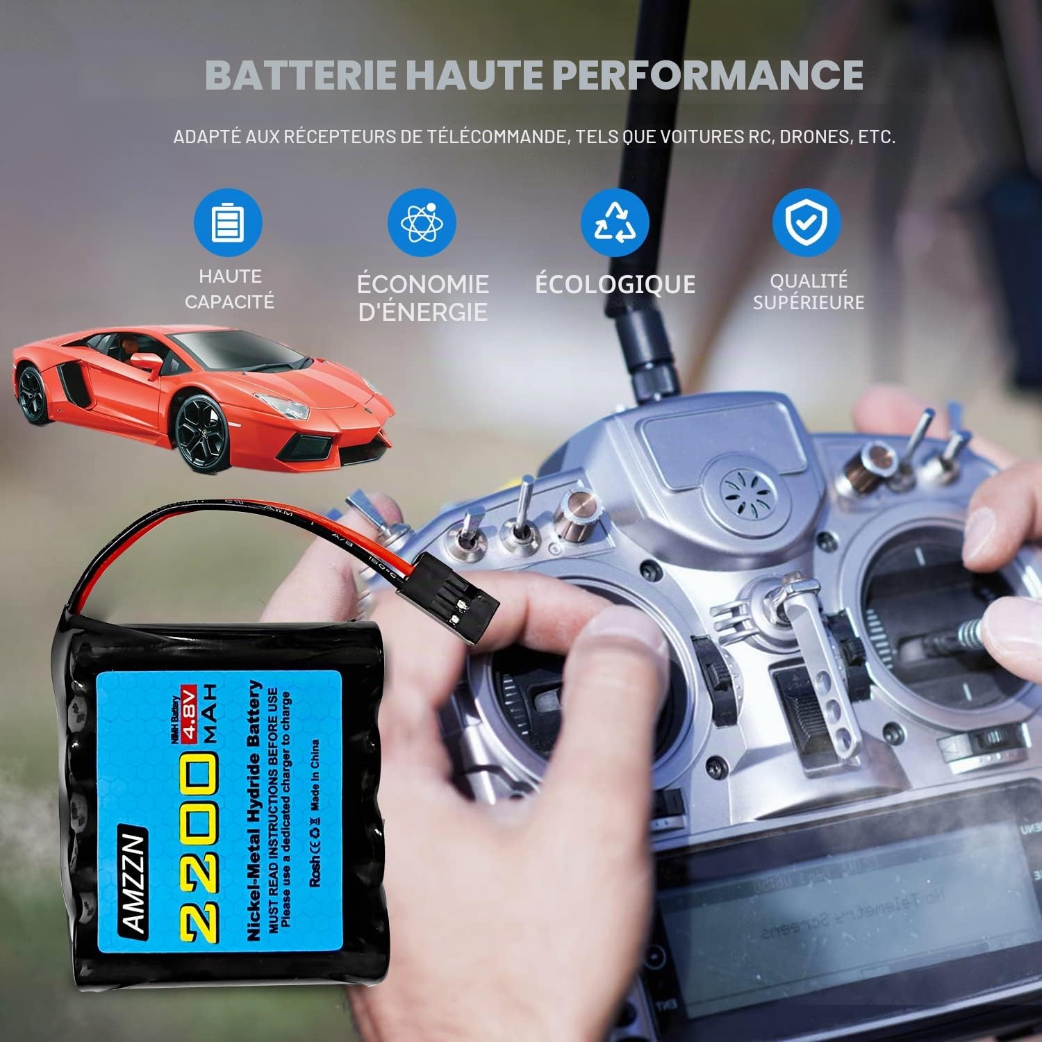 2PCS 4.8V 2200mAh AA Nimh Batterie avec connecteur Hitec pour RC Car, Récepteur RC, Avion RC, Batterie Rechargeable Haute capacité pour télécommande
