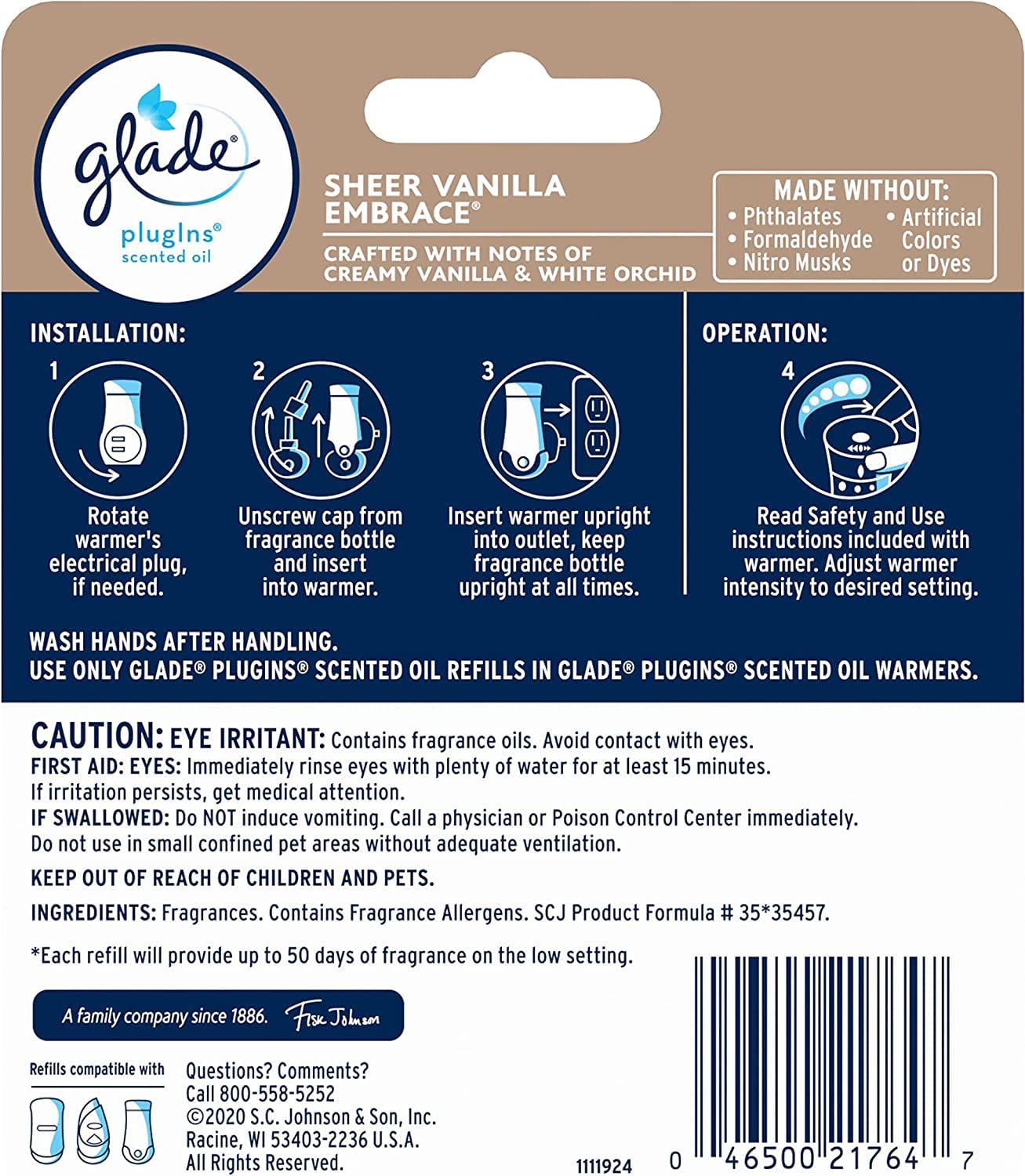 Glade Plugins Refills Sheer Vanilla Embrace, 2 CT 1.34 Fl Oz (Pack of 3)