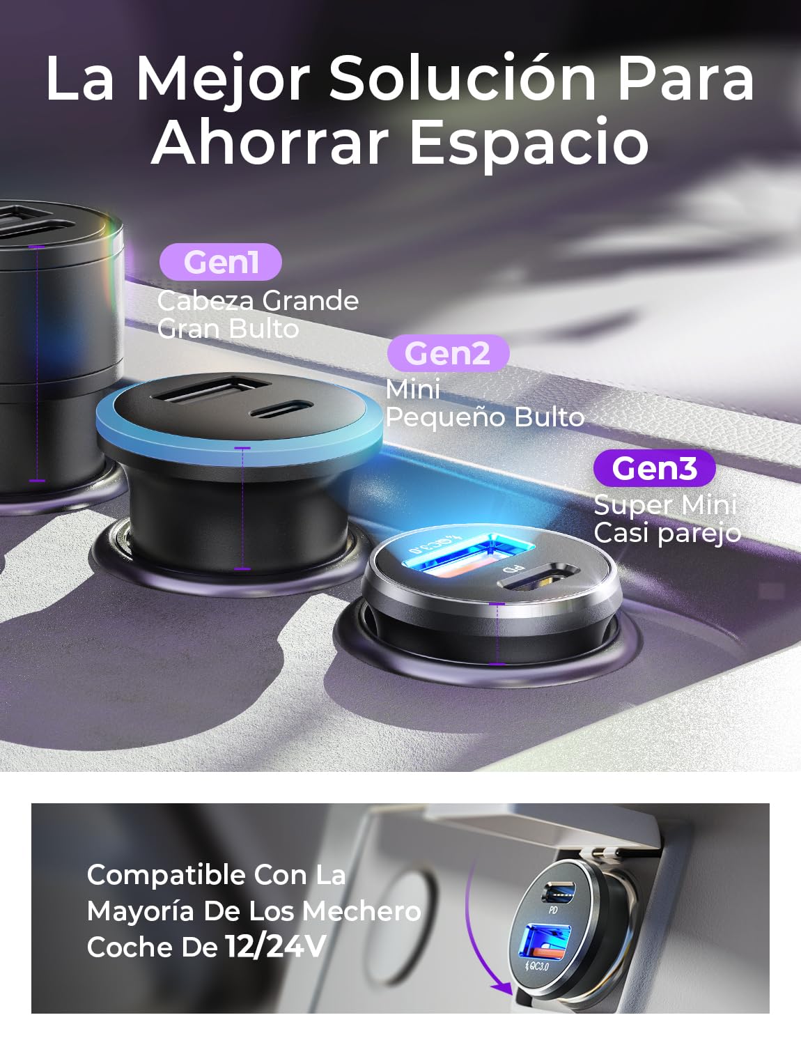 LISEN Cargador Coche Carga Rápida Mechero USB C 69W+60W Cable, Accesorios Coche Camper Electrónicos Flash del Dia, Carregador Isqueiro Carro 12/24V Gadgets para iPhone 17 e 16 Samsung S26 Kindle iPad - 4
