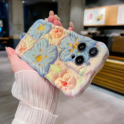 Miniatura 2 de SPOBIT Funda para iPhone 14 Pro Max, colorida pintura al óleo retro flor linda rizada con borde floral para mujeres y niñas, protección de cámara,