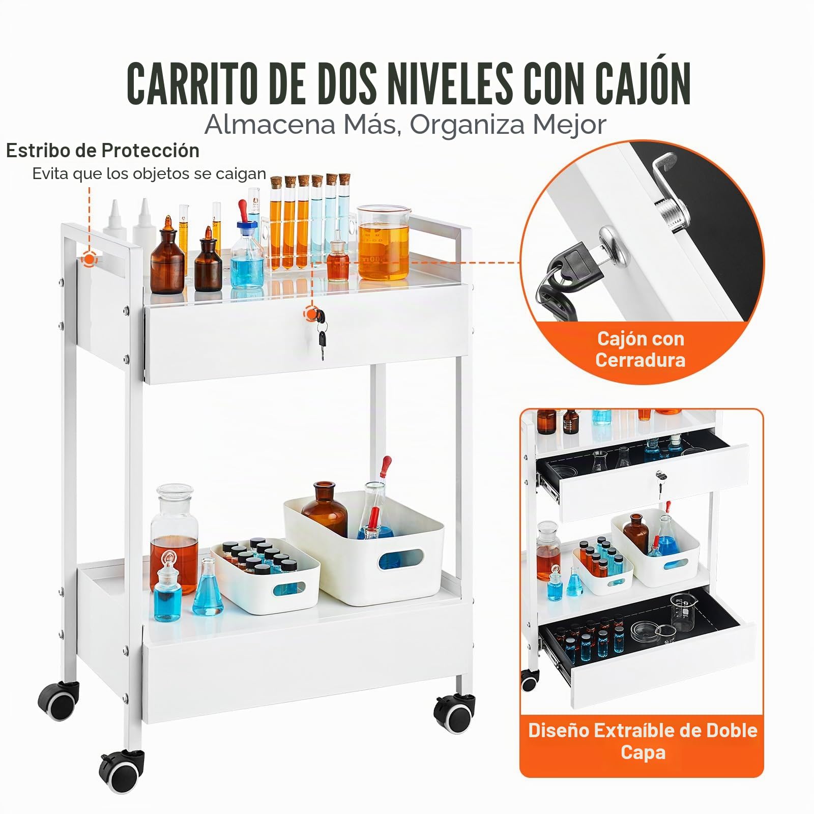 VEVOR Carro de Laboratorio 2 Niveles Carro Médico de Acero Inoxidable Carro de Servicio Gran Capacidad de Carga de 100 kg con 2 Cajones para Laboratorio Salón Hospital, Uso Dental, Blanco