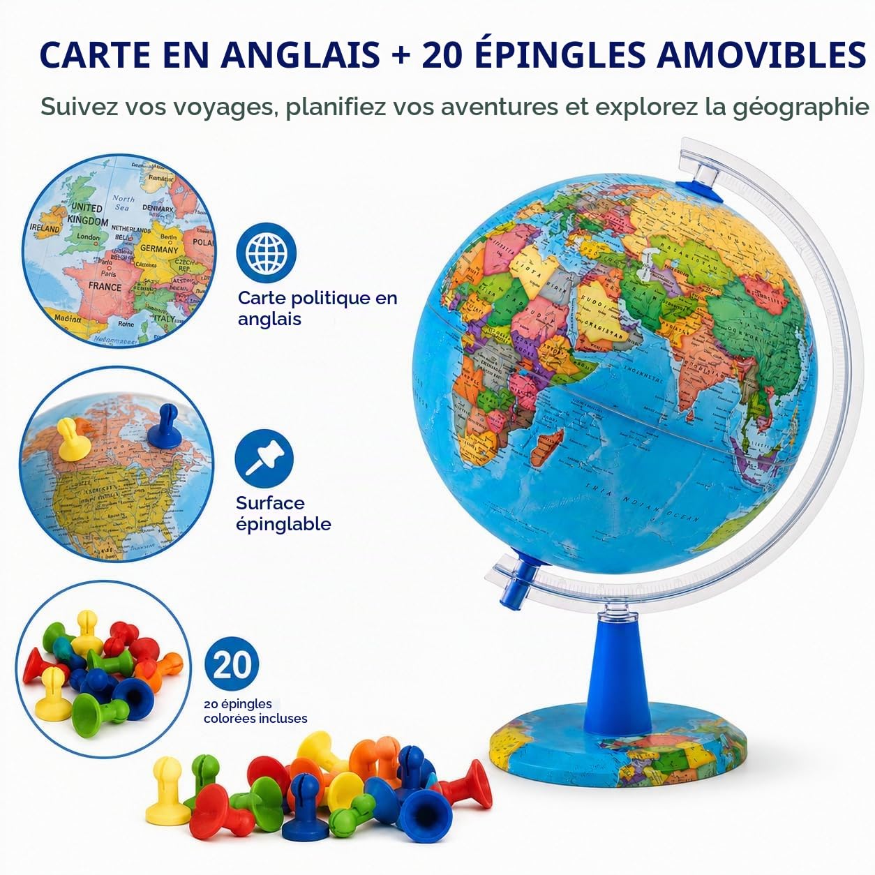 Globe Lumineux 20cm - Carte en Anglais - Globe Politique Moderne - Décoration Éducative, Géographique