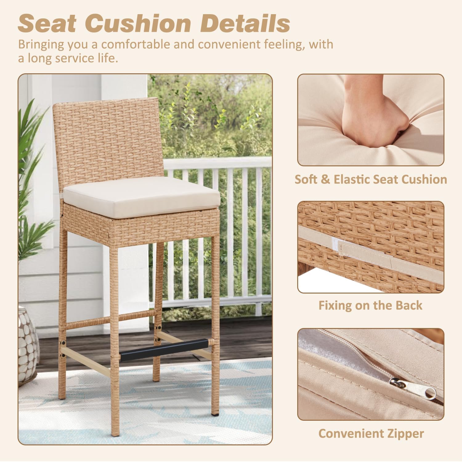 ECOTOUGE Outdoor Bar Stools, Wicker Woven Patio Stools & Patio Bar Chairs with Seat Cushion and Cozy Footrest, Rattan Furniture Armless Counter Height for Pool Lawn Porch Backyard (Set of 6, Yellow)