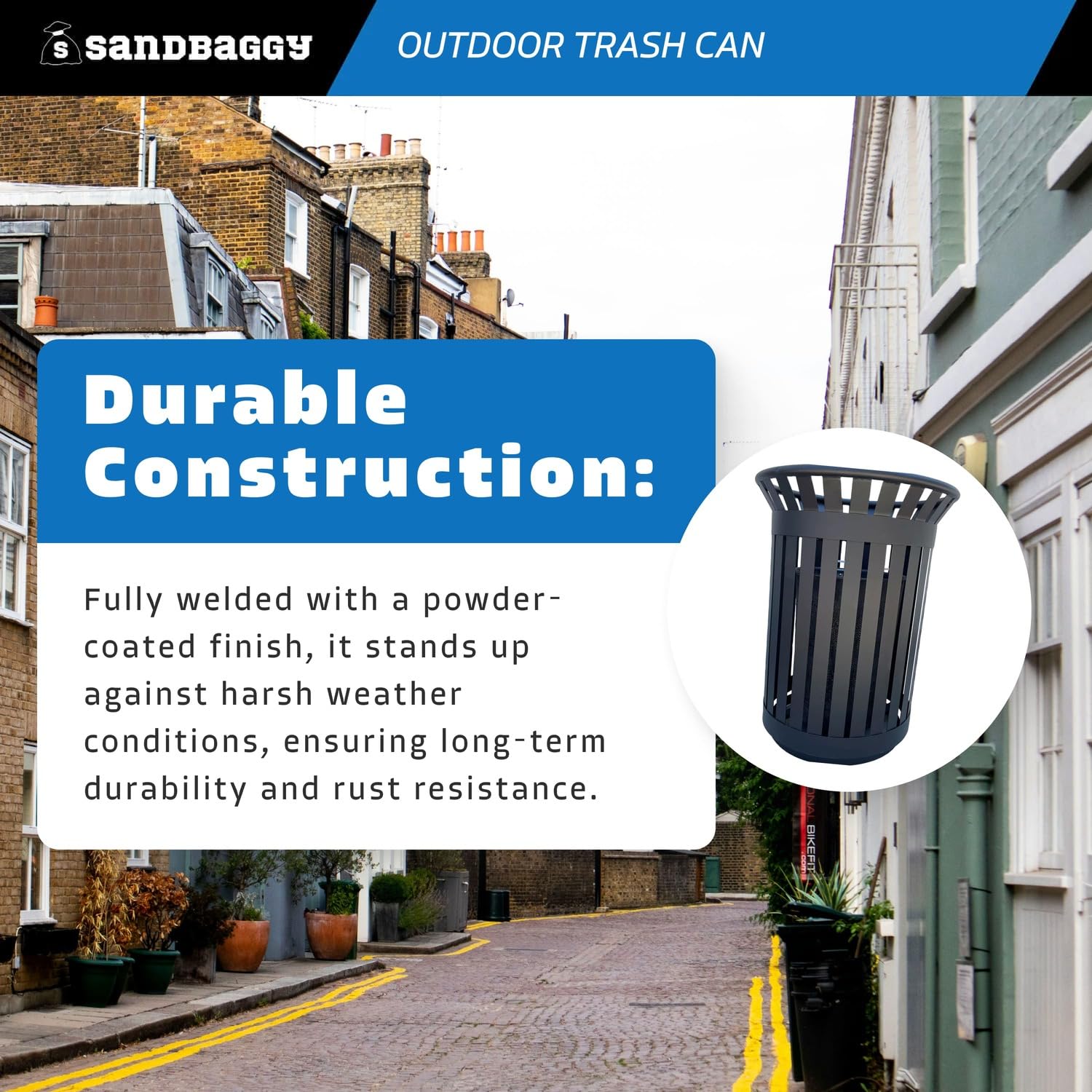 Sandbaggy 12 - Gallon Commercial Outdoor Trash Can - Black Steel - In-Ground (Anchor Bolts Included) (1, 32" H x 22" Dia)