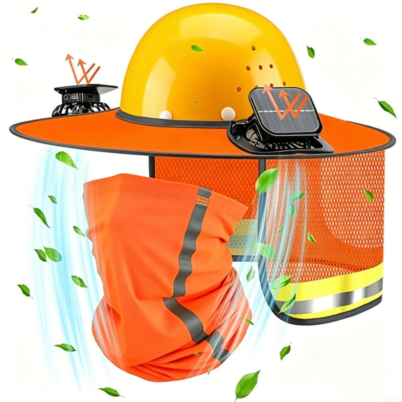 Parasol para casco duro con ventiladores solares duales, visera de ala completa con capa de malla desmontable y polaina para el cuello, accesorio de enfriamiento recargable por USB