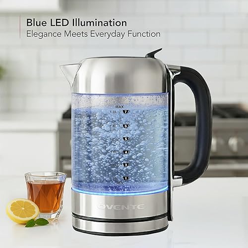 Miniatura 5 de OVENTE Hervidor eléctrico, 1500 W, sin plástico, 1.8 L, caldera de agua caliente para café o té, tapa fácil de llenar, apagado automático, vidrio de