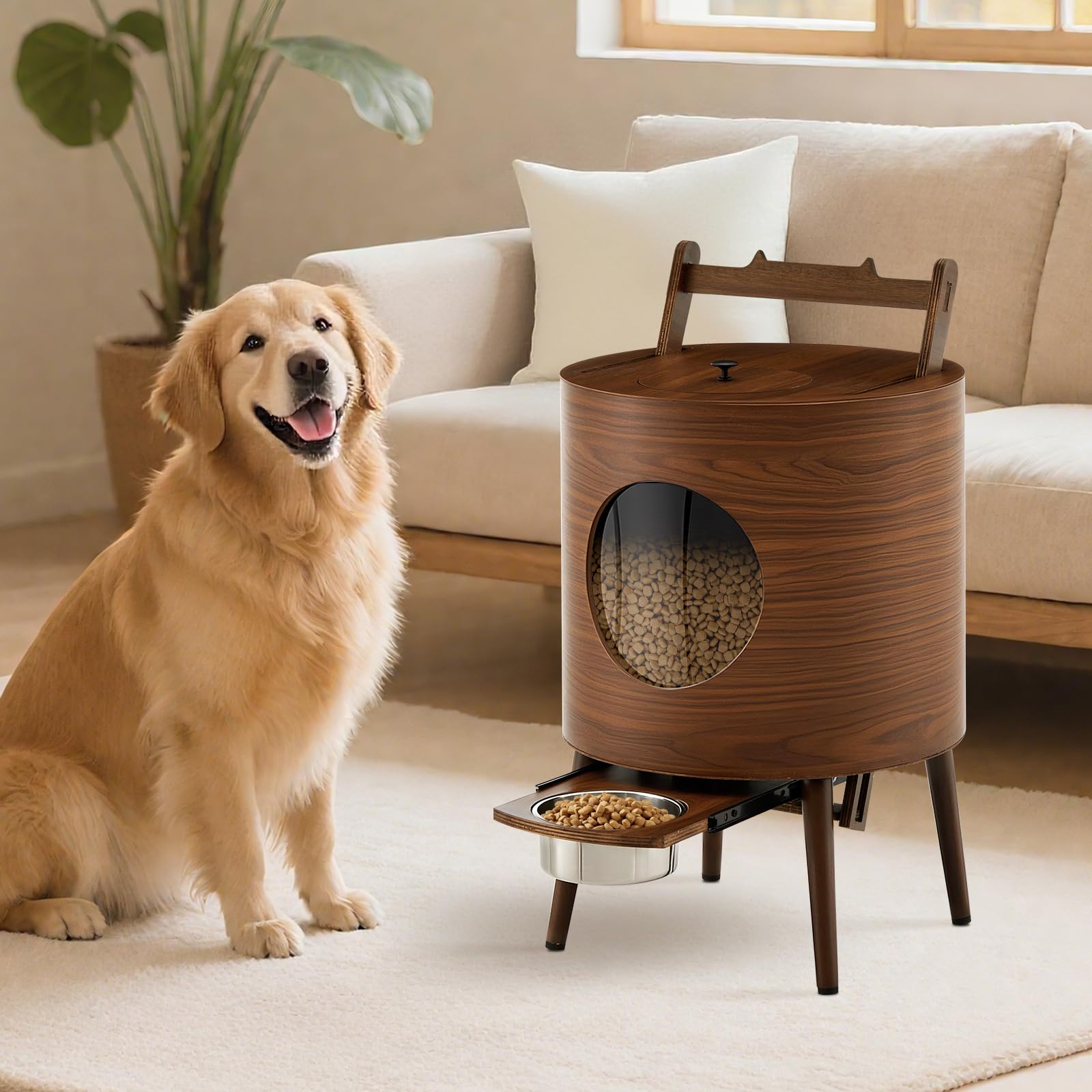 TUKAILAi Elevated Pet Feeder 6L Big Capacity Dog Food Storage Bucket Wooden Pet Dining Table with Stainless Steel Bowl for Dogs Cats Kitten Puppy Feeding Station