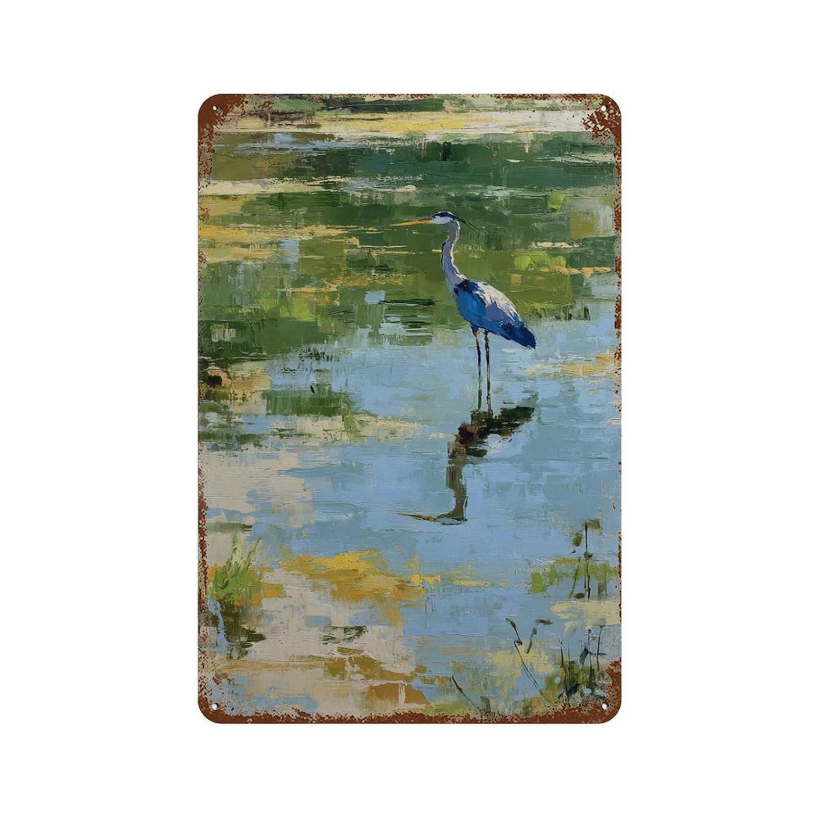 xiaoxiaoshen Blue Heron Impressionist Water Scene Nature Bird Painting Tranquil Wetland Lands Wall Decor Art Metal Tin Poster Modern Home Decor Art Home Bar Shop Decorations Vintage Sign 30x20cm
