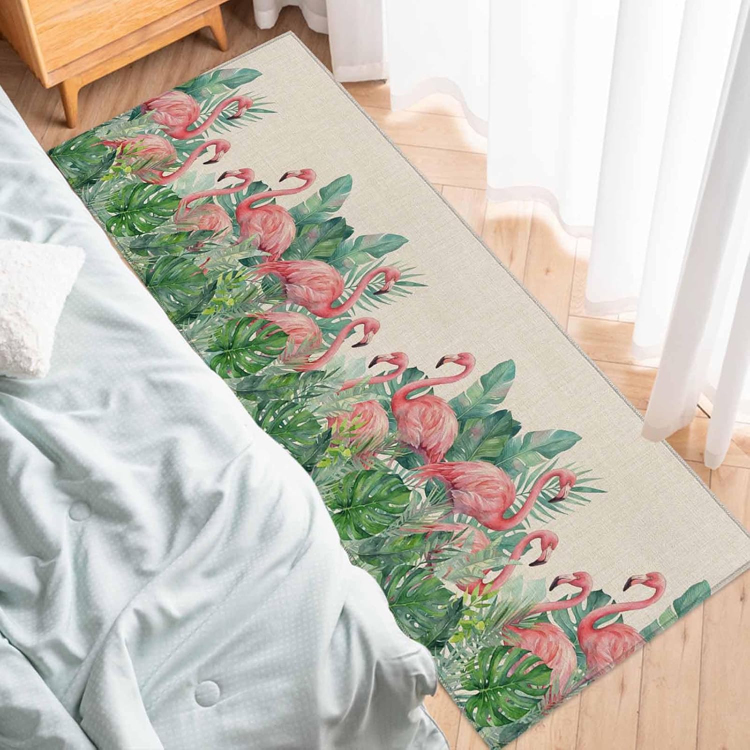 Kitchen Mats for Floor Tropical Monstera Flamingo on Linen Washable Non Slip Kitchen Rugs 1PCS, Watercolor Leaves Animal Absorbent Standing Mats for Sink Bathroom Office Living Room 23.6x70.9in