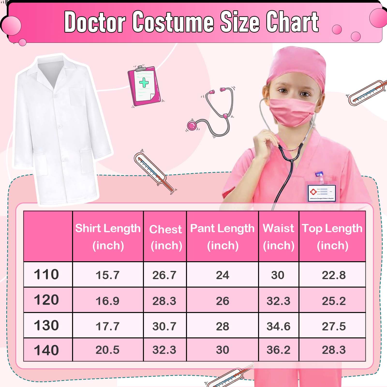Costume da medico per bambini, costume da cosplay da medico, per bambini, con vero stetoscopio per giochi di travestimento di Halloween – 110