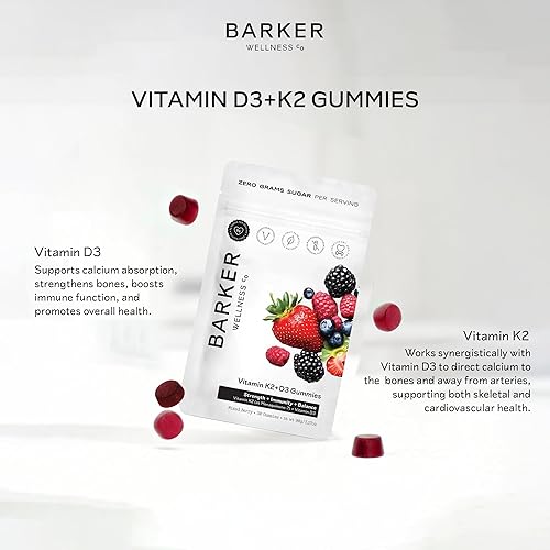 Miniatura 6 de Barker Wellness - Gomitas de vitamina D3 + K2 6000 UI D3 + 200 mcg K2 Fuerza ósea, absorción de calcio y salud cardíaca Veganas, sin azúcar