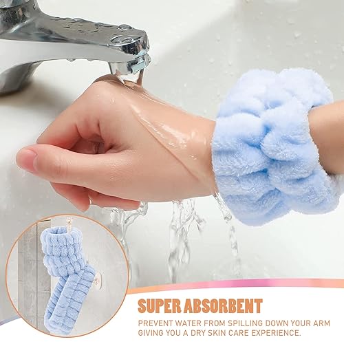 Miniatura 4 de Juego de lavado de cara, diadema, pulseras de microfibra absorbente con soporte para lavar la cara, bandas elásticas de muñeca de spa