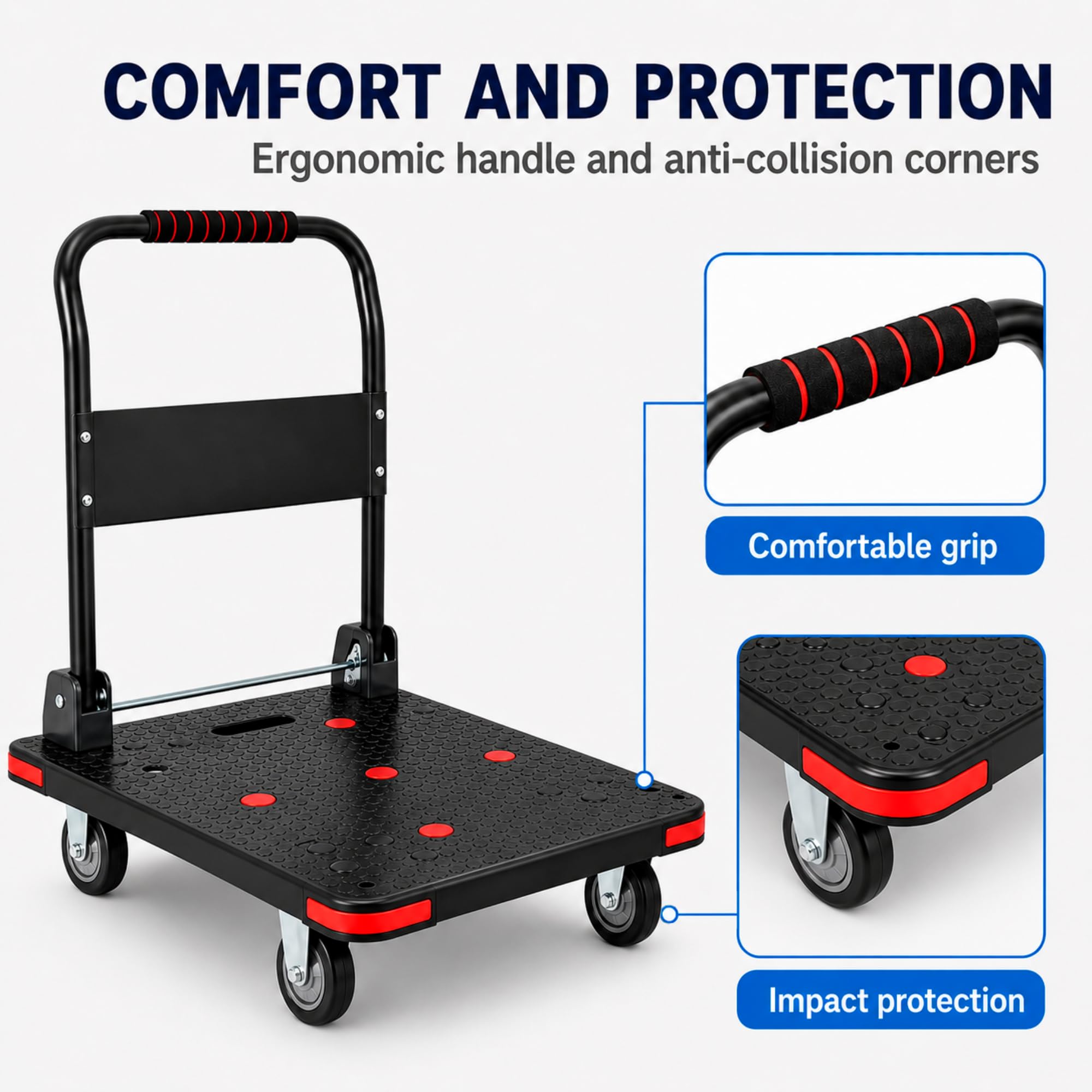 Carrello Piattaforma Pieghevole Supporta 550 kg Nero, Ruote TPR 5" | Carrello di Trasporto per Magazzino e Traslochi