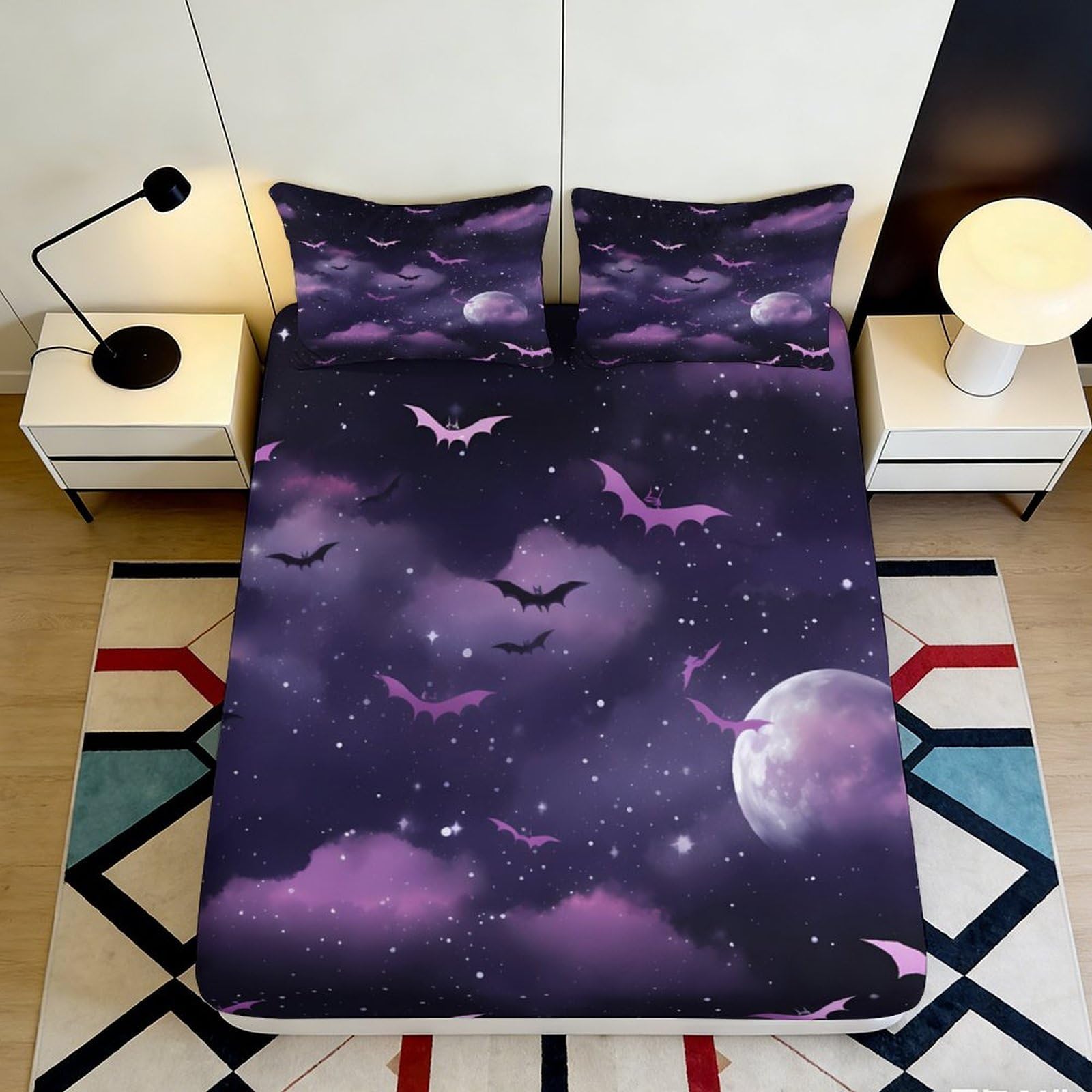 3D Printed Bat Night Sky Fitted Sheet Microfiber Purple Moon Mattress Cover for Bedroom Guest Room Decor 140x200x25cm