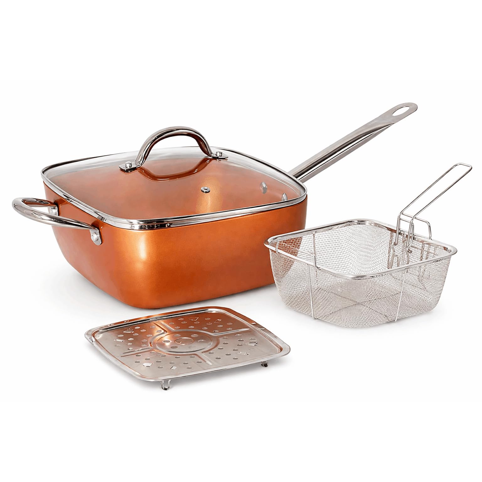 Sartén Cuadrada Antiadherente 24 cm Color Copper con Tapa de Vidrio | Revestimiento cerámico, aluminio 2,5 mm, apta para horno y lavavajillas