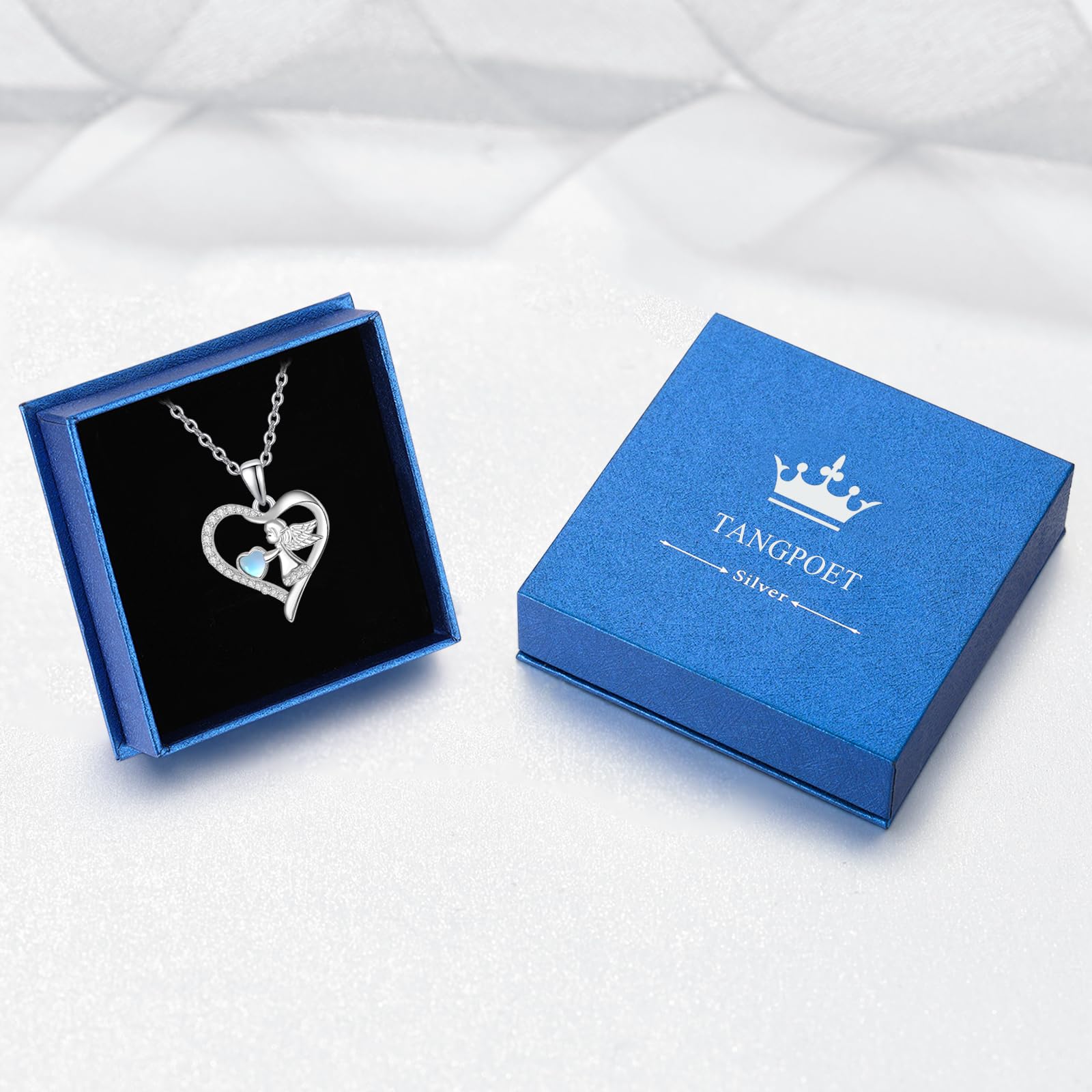 TANGPOET Schutzengel Kette 925 Sterling Silber Engelsflügel Halskette Herz Anhänger Schmuck Geschenke für Frauen Mädchen mit Geschenkbox