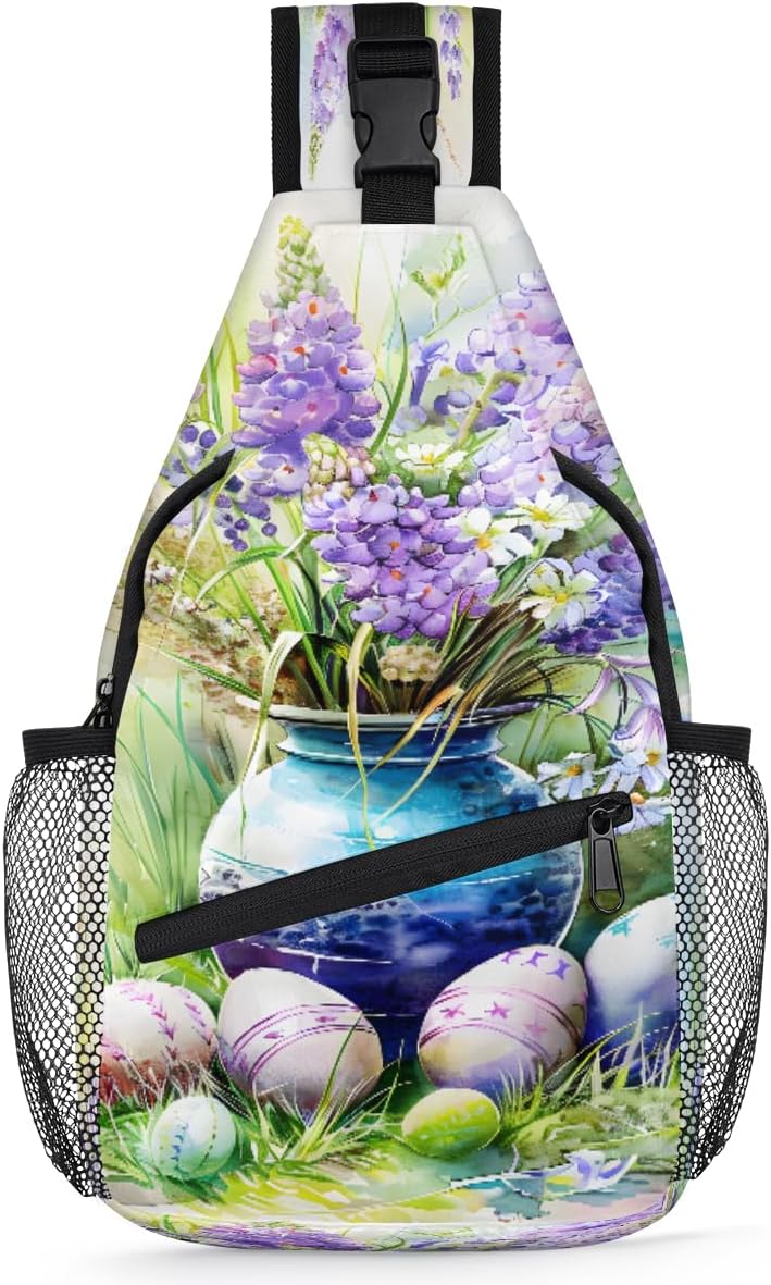 Easter Vase Flower Eggs Sling Backpack for Women Men Waterproof Antitheft Chest Bag Lightweight Travel Crossbody Shoulder Bag for Shopping Outdoor Leisure Sports Mountaineering Riding