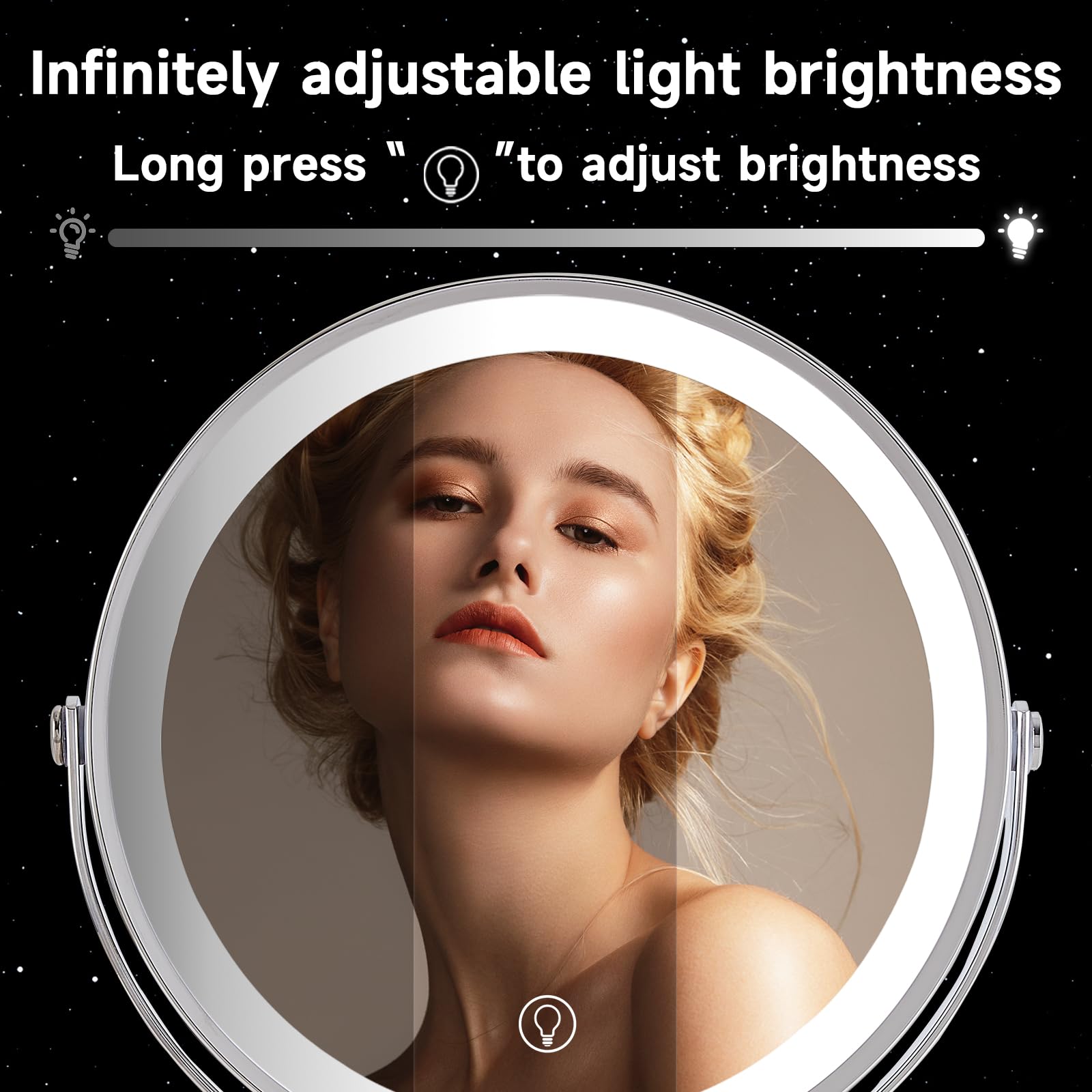 Espejo de maquillaje iluminado de 9 pulgadas, espejo de tocador con luces, 3000 mAh recargable de altura ajustable, espejo de aumento de 1x/10x con 3 colores, brillo ajustable, rotación de 360°