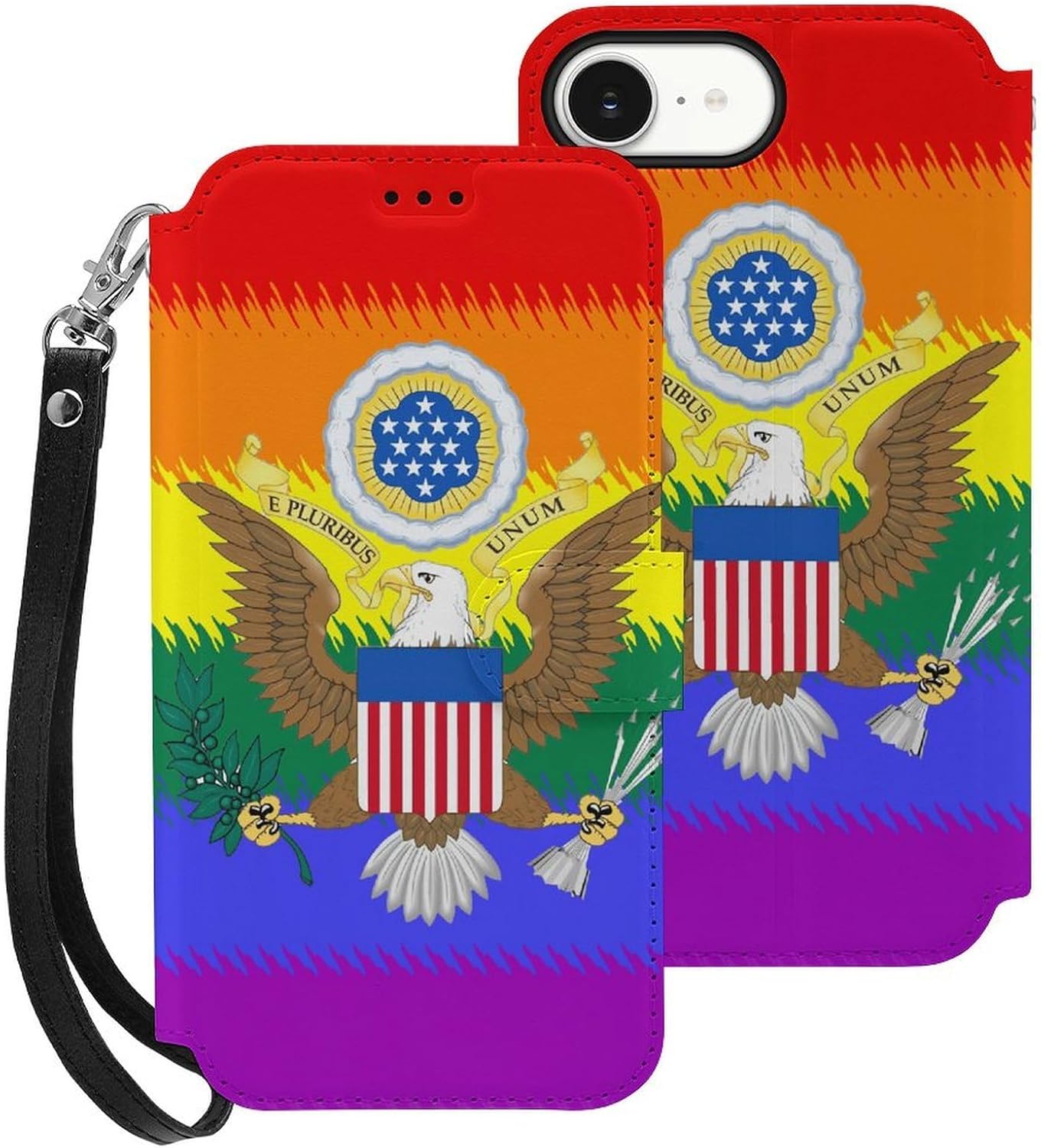 LGBT Flag United States Emblem Compatible with iPhone 16/16 Plus/16 Pro/16 Pro Max/16 E Case Phone Wallet Card Holder Flip Cover with Wrist Strap